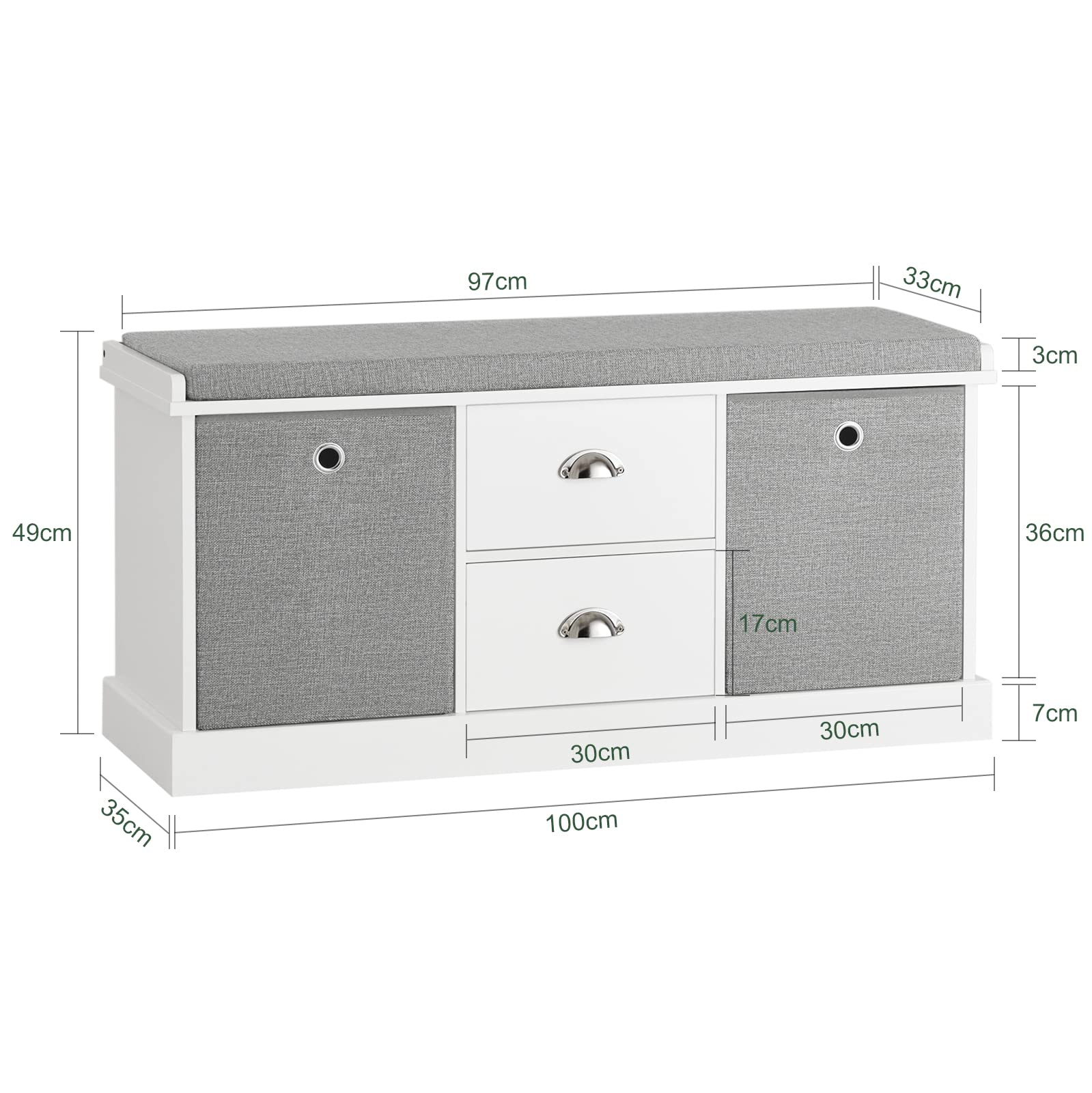 SoBuy Banc de Rangement avec Coussin Rembourré, Meuble Bas Entrée, Commode à Chaussure avec 2 Tiroirs et 2 Paniers,Armoire à Chaussure, pour Entrée, Salon, Blanc et Gris, 100x35x50 cm, FSR66-HG