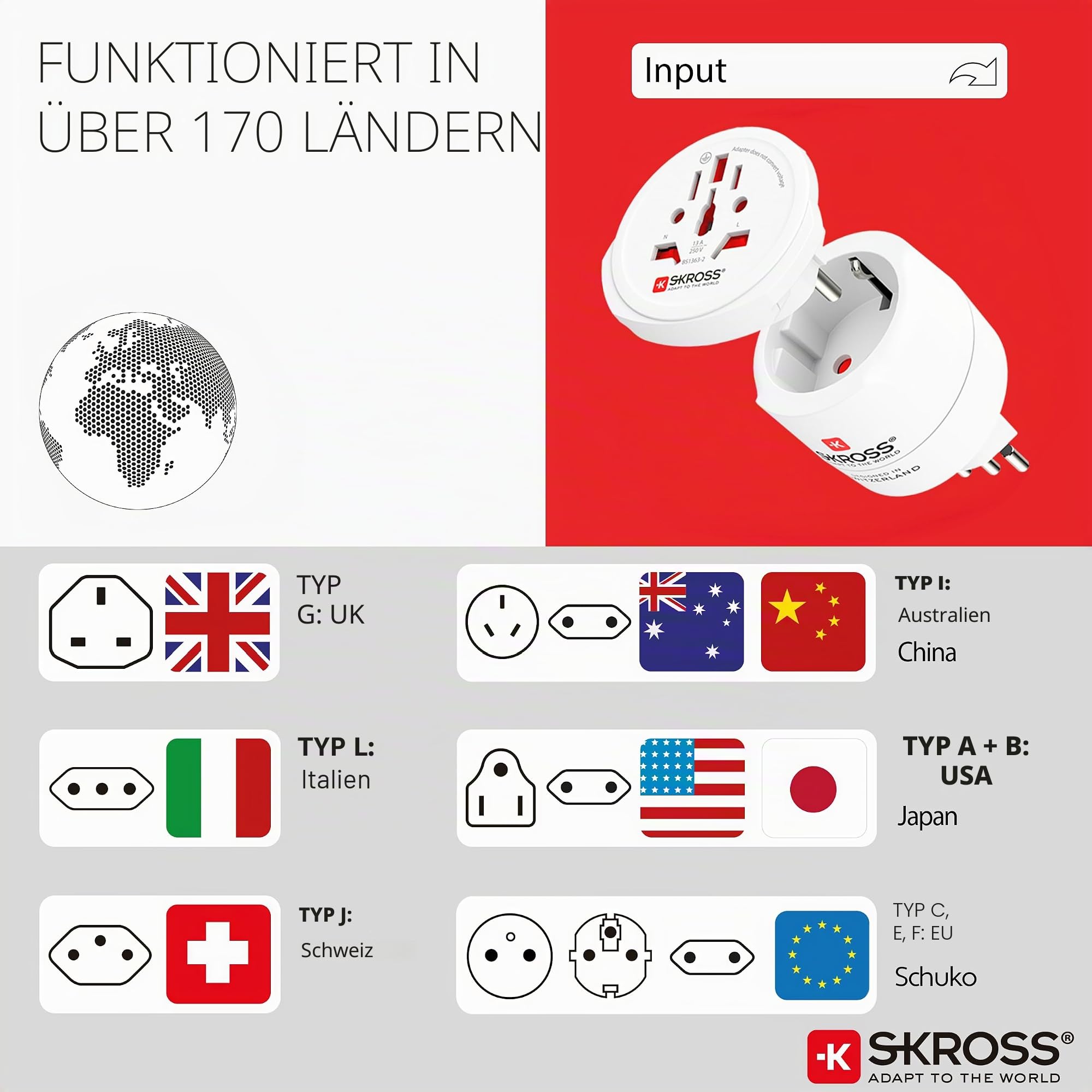 SKROSS Reiseadapter Combo World, Schweiz + Italien + Brasilien | Universell für über 150 Länder, 100–250 V, 10 A, bis 2500 W | Kompakt & robust – ideal für Laptop, Smartphone, Tablet, Kamera - Image 2