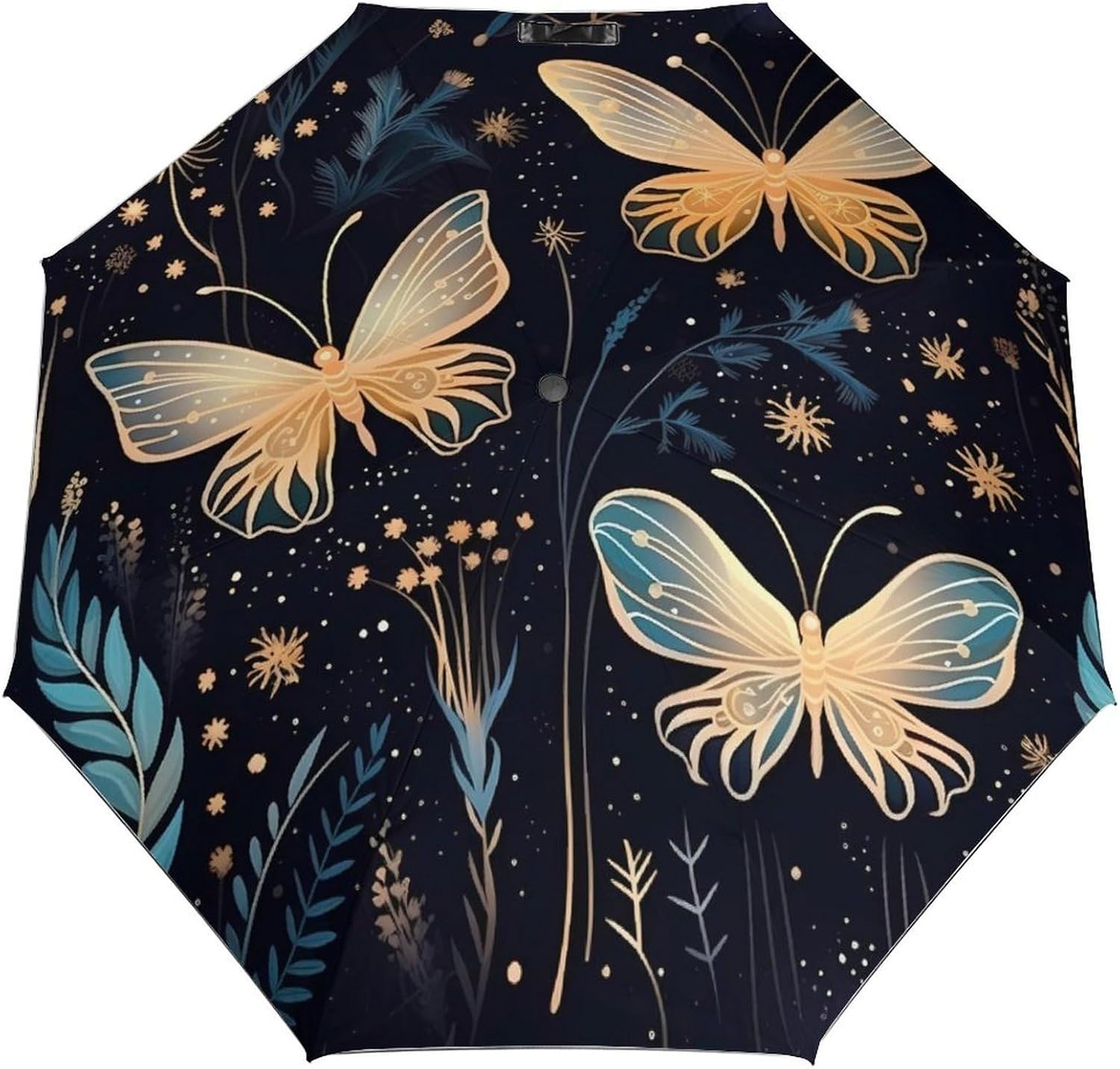 Galaxy Butterfly Auto Open Close Umbrella 3-Fold Design for Rain Sun Protection Spring Leaves Windproof Compact Umbrella for Walking Travel Lightweight