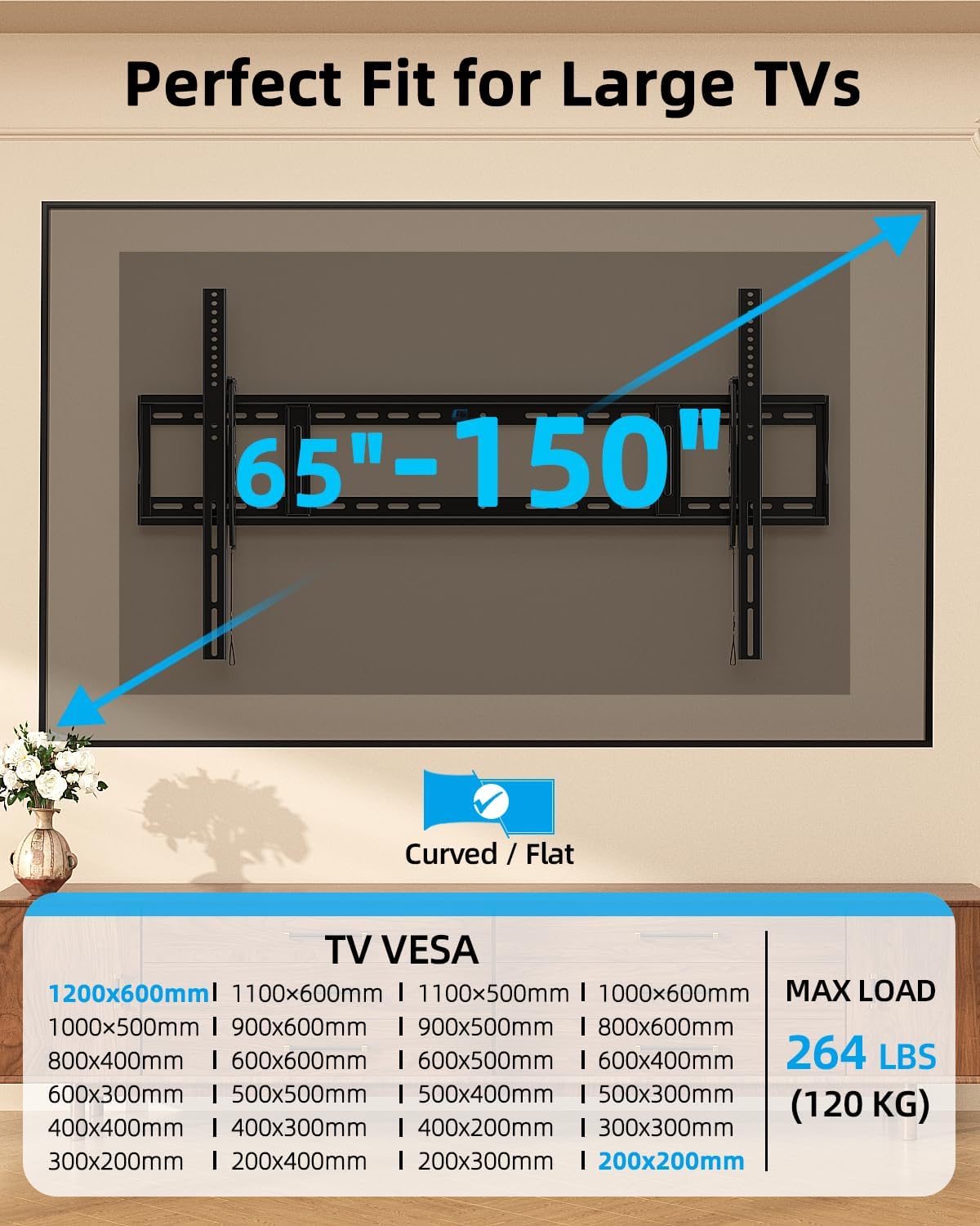 Tilting TV Wall Mount 65-150 Inch Heavy Duty for Large TVs, Max VESA 1200×600mm & 264lbs Load, Low Profile Slim Tilt Wall Mount TV Bracket for Flat Curved TV, Fits 16/18/24/48 Wood Studs - HOME VISION