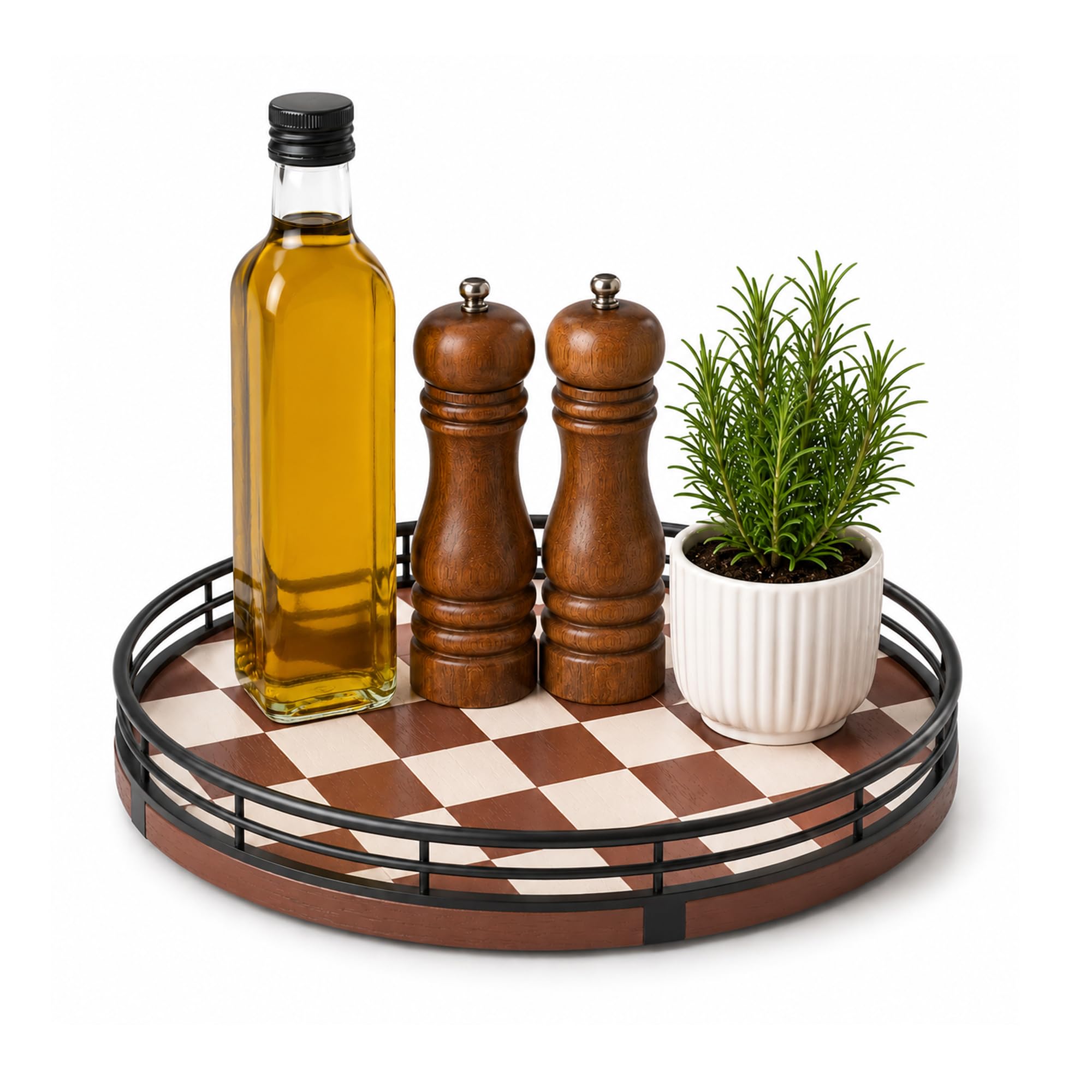 AMH 9-Inch Brown Checkerboard Lazy Susan Organizer with Black Metal Rail