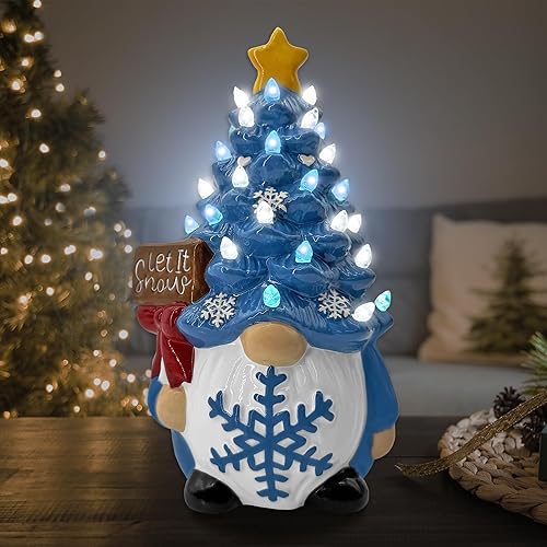 Miniatura 6 de Decoración de gnomos de muñeco de nieve de Navidad para el hogar, árbol de gnomo de cerámica iluminado, decoración del hogar de nieve azul de