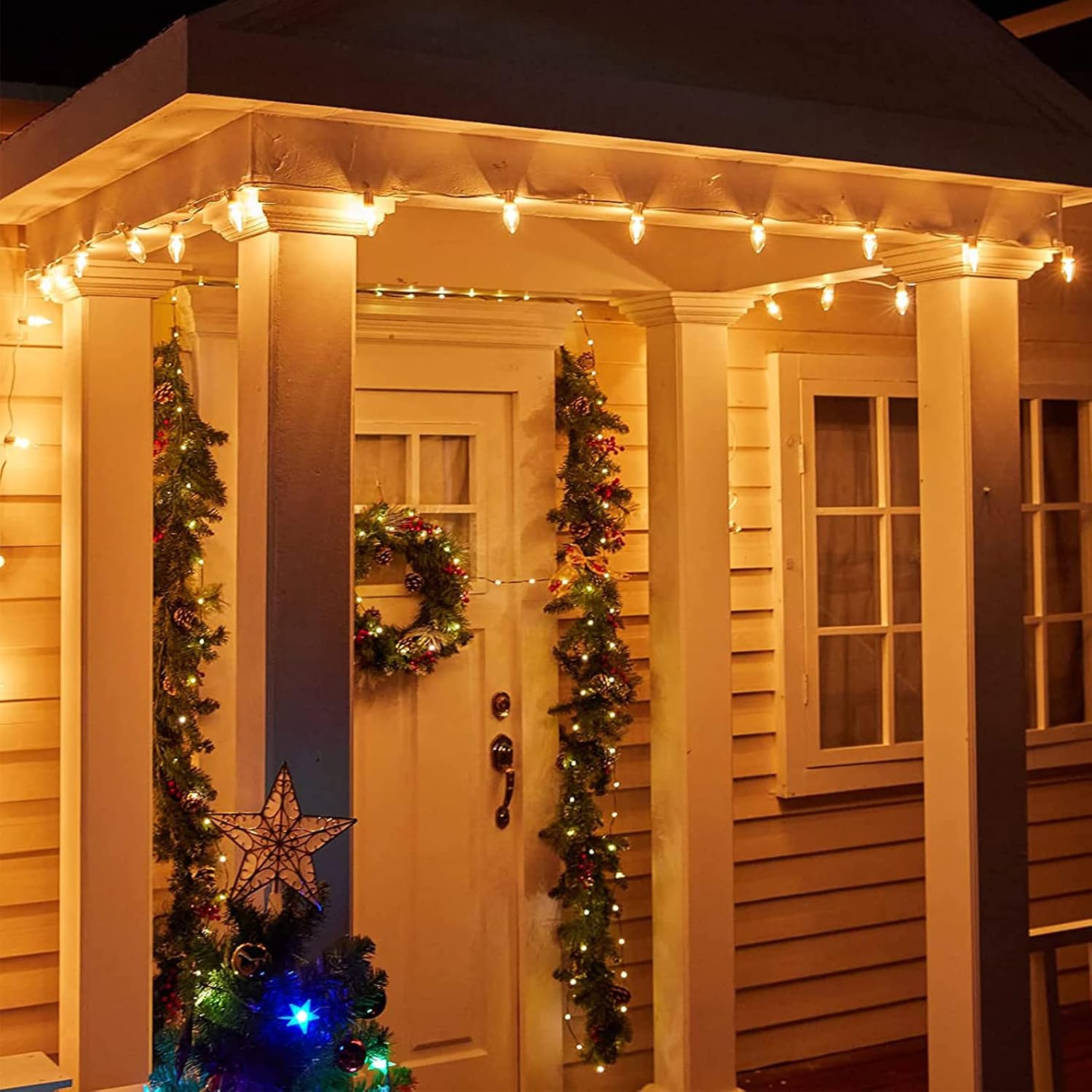 25Ft C7 LED String Lights Outdoor with 27 Clear LED Bulbs(2 Spare), Vintage Christmas String Lights for Christmas, Cafe, Patio, Party Decor, Green Wire