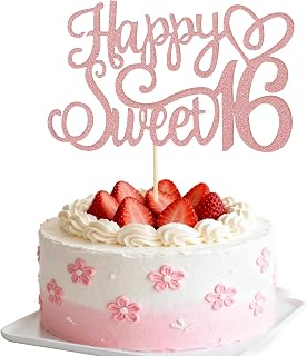 Rose Gold Glittery 16th Happy Birthday Cake Topper, Happy 16th Birthday Cake Topper Happy Birthday Candles Sweet 16 Cake Decorations for Celebrating 16th Birthday Anniversary Party Decorations