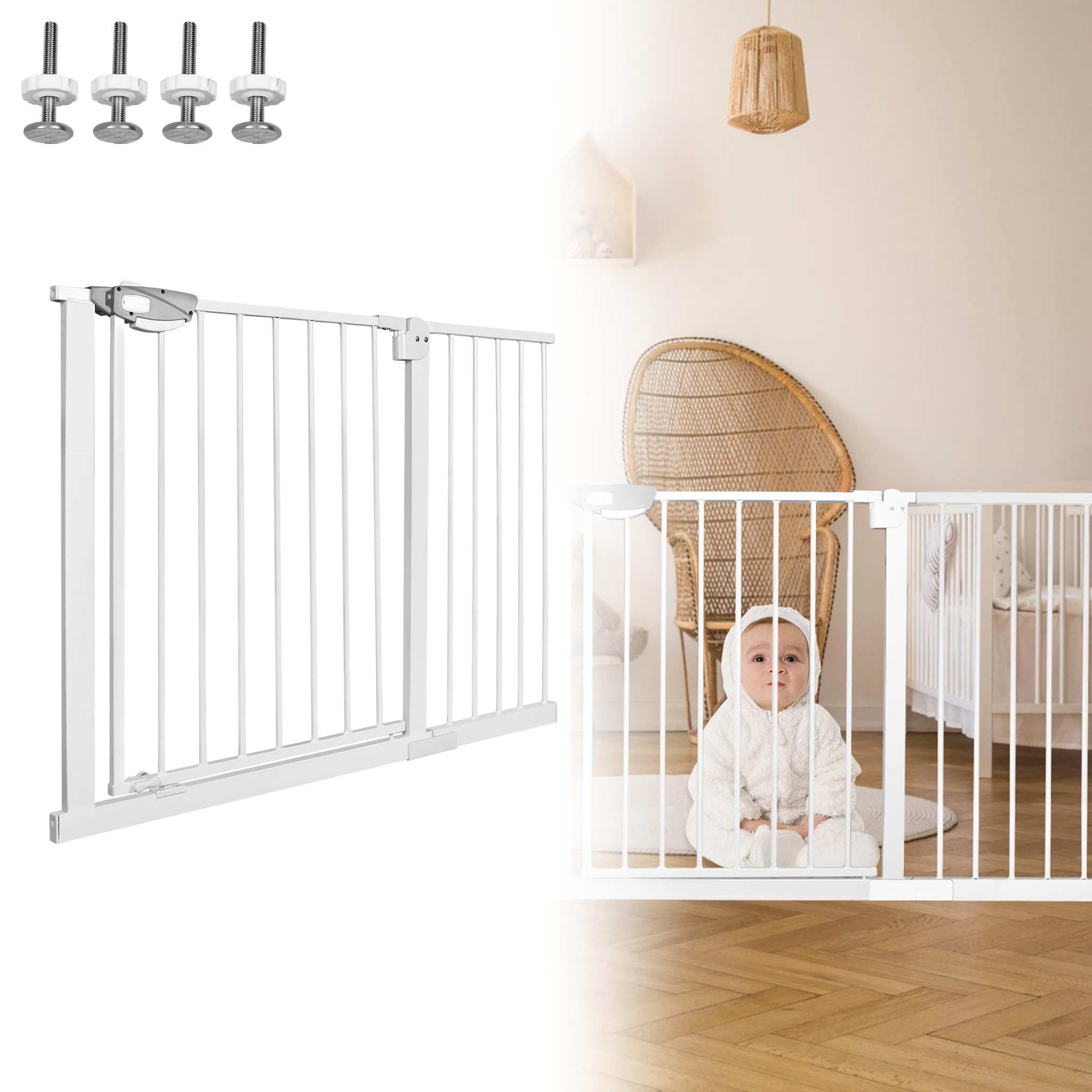 TRMLBE Treppenschutzgitter Ohne Bohren Automatischer Rückstellung | Türgitter Baby 75-85cm Erweiterungen Kinder Türschutzgitter Hundegitter Für Küche Balkon (Weiß)