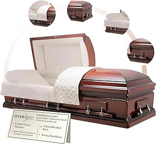 Overnight Caskets Royal Poplar Wood Funeral Casket with Cream Velvet Interior - Premium Solid Poplar Wood - Fully Appointed Adult Casket - Handcrafted Hardwood Coffin with Pillow & Throw Set