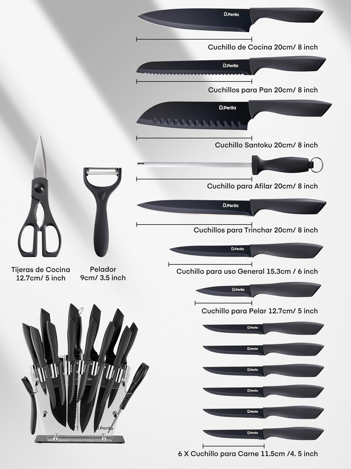 D.Perlla Cuchillos de Cocina, 16 Piezas Negro Revestimiento Antiadherente Juego de Cuchillos de Cocina, Acero Inoxidable de Alto Carbono, Afilado y Antioxidante, con Soporte Acrílico y sacapuntas