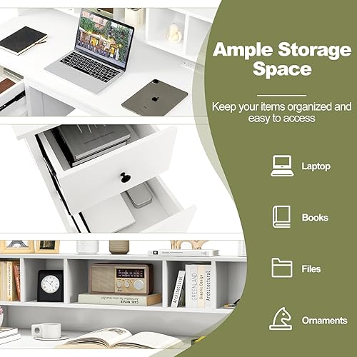 Miniatura 6 de Giantex Escritorio blanco con cajones y gabinete, escritorio de oficina en casa con estación de carga, 5 cubos de almacenamiento, mesa de tocador de