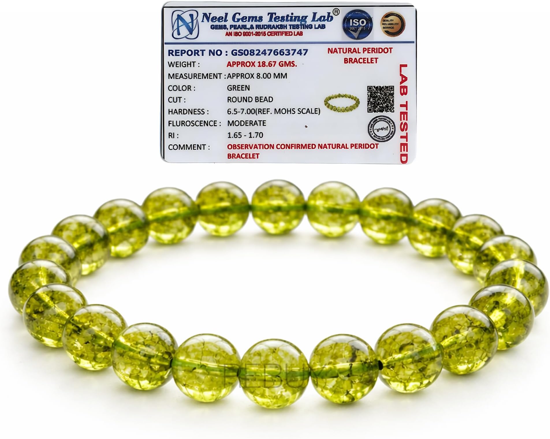 RebuyUK Genuine Peridot Bead Crystal Healing Bracelet Gemstone Bracelet Jewelry for Men & Women, Color Green, Bead Size 8 mm, Lab Certificate