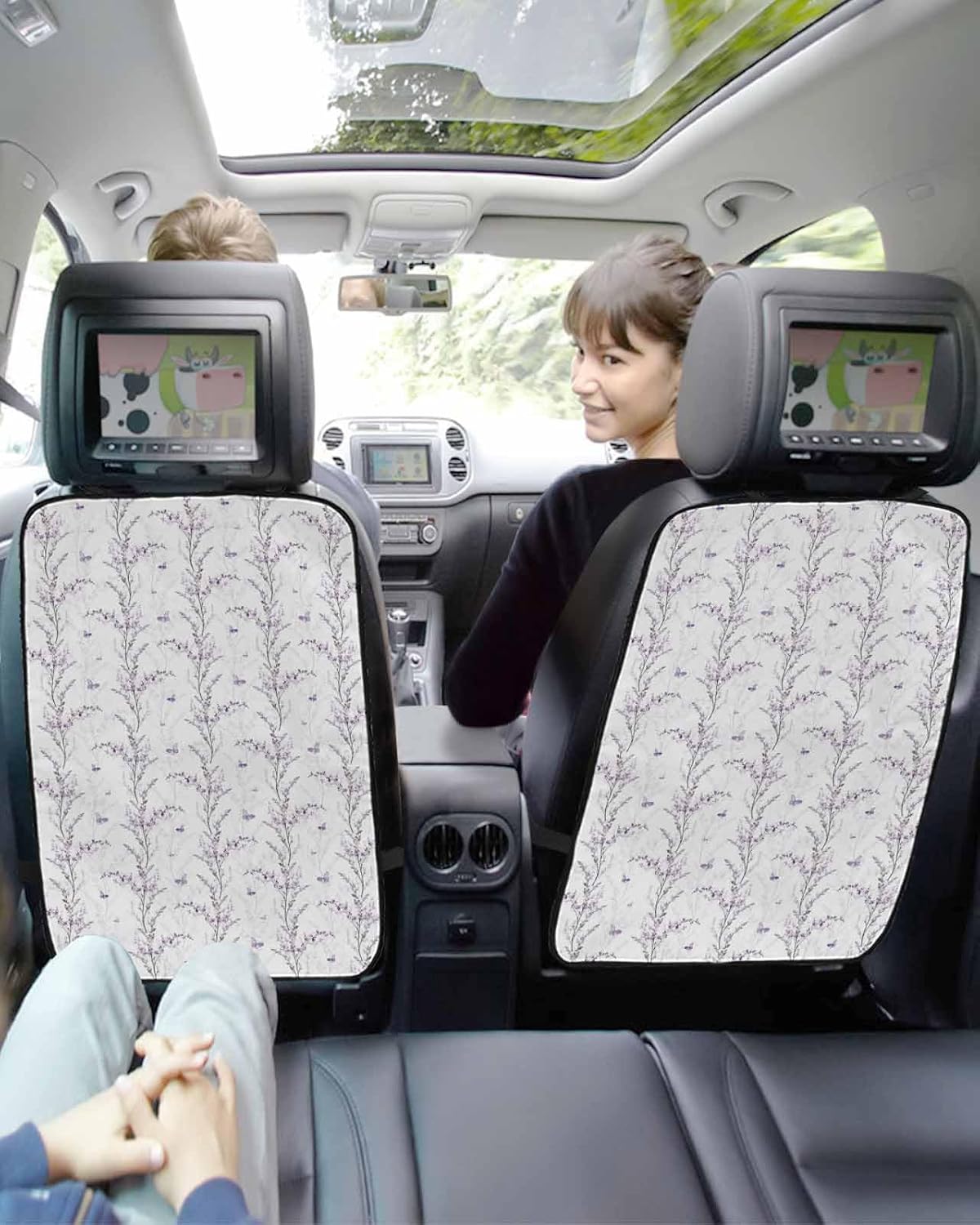 T&H XHome Car Seat Protector, 2 Pack Kick Mats with Organizer - 3 Pocket Storage, Purple Butterfly Lavender Bud Printing Back Seat Cover for Kids Universal Fit Automotive Interior Protectors