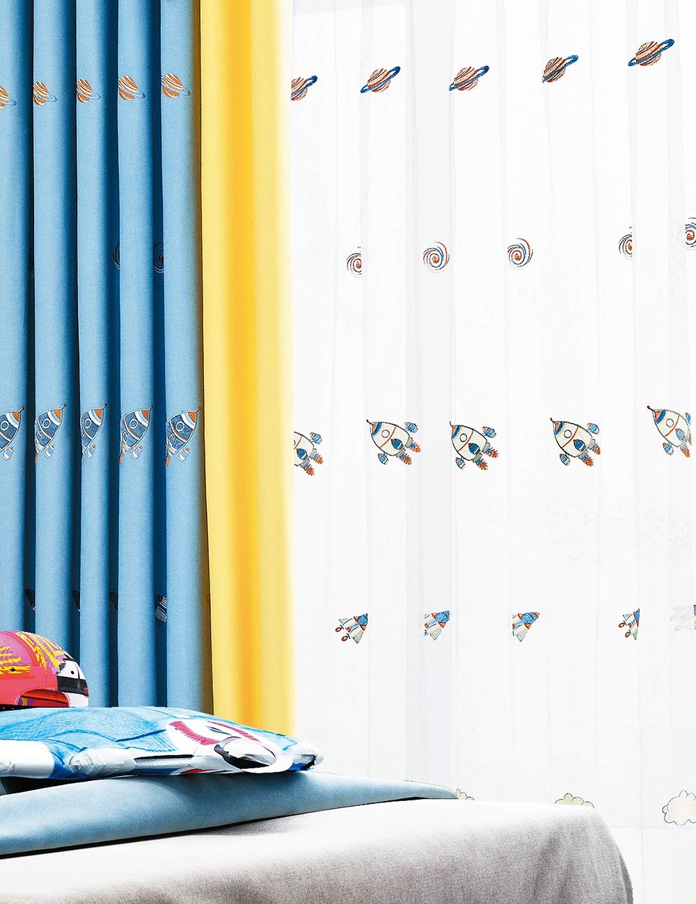 Lactraum Cortina para habitación infantil bordada con cohete planeta de la calle leche, voile con banda universal 100 x 245 cm
