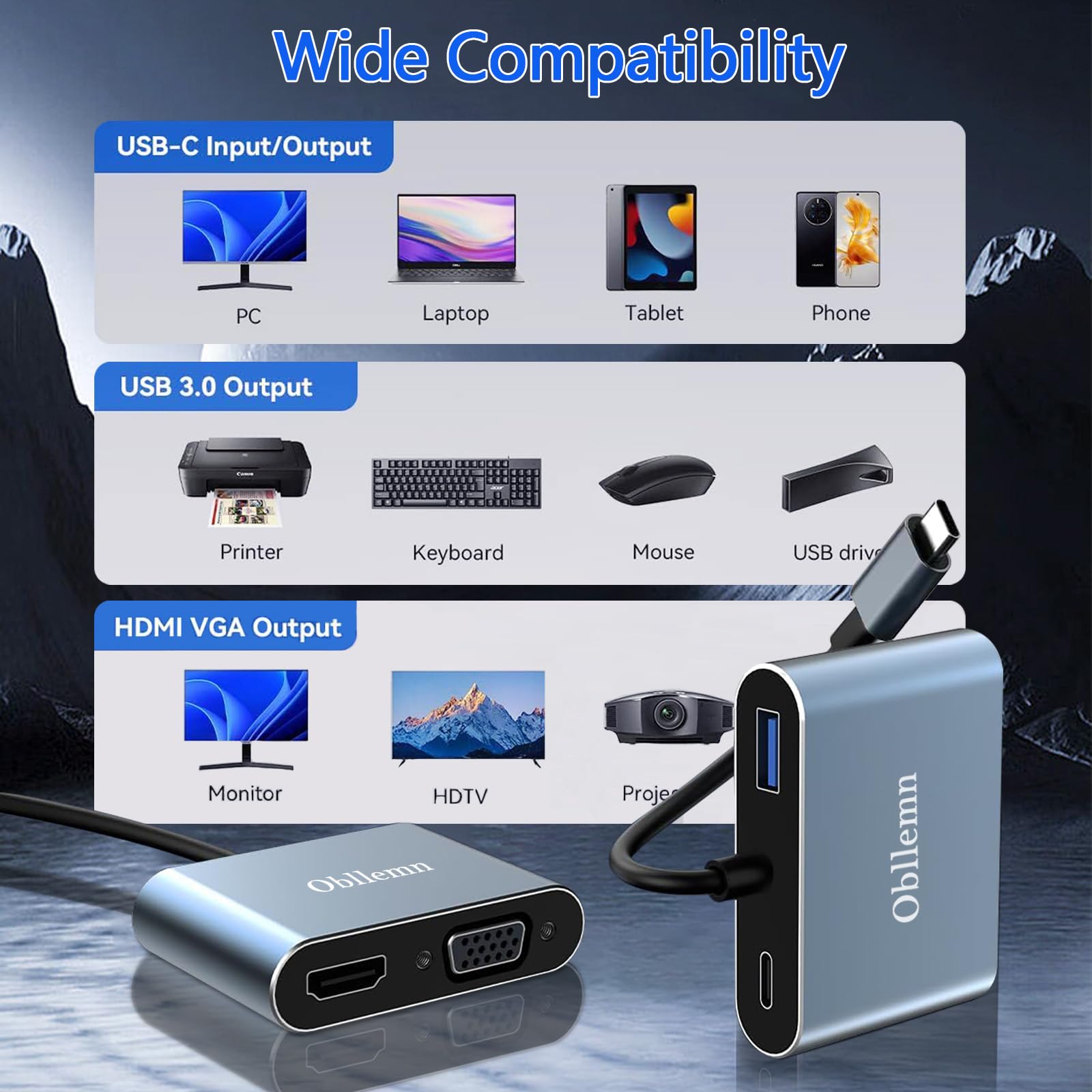 Adaptateur USB C vers VGA Hub 4 en 1 Type C HDMI 4K 30Hz USB 3.0 PD100W pour MacBook Pro Air Chromebook Dell XPS