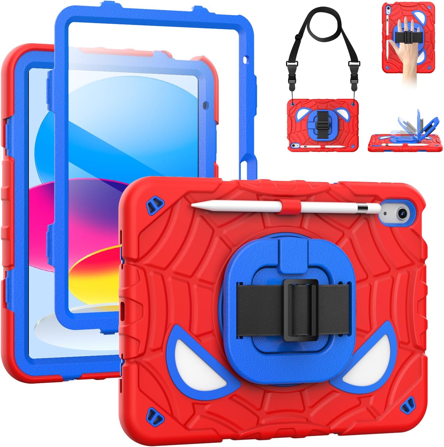 Grifobes Case for iPad A16 11th/10th Generation 2025/2022 11/10.9 inch, Full Body Protection with Screen Protector/Pencil Holder/Stand,Hand/Shoulder Strap for i Pad 11/10.9 Cover Red+Blue