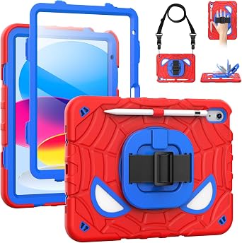 Grifobes Case for iPad A16 11th/10th Generation 2025/2022 11/10.9 inch | Full Protection with Screen Protector/Pencil Holder/Stand,Hand/Shoulder Strap for i Pad 11/10.9 Cover Red+Blue