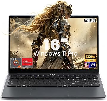 Ordenador Portátil 16 Pulgadas, Ryzen 7 4800H CPU, Win11 Pro PC Portátil 8GB RAM 256GB SSD, Clavier Rétroéclairé, 1200P FHD Pantalla Laptop, (WIFI6+BT5.0+HDMI+3*USB3.0+2*Type-C+5000mah Battery)