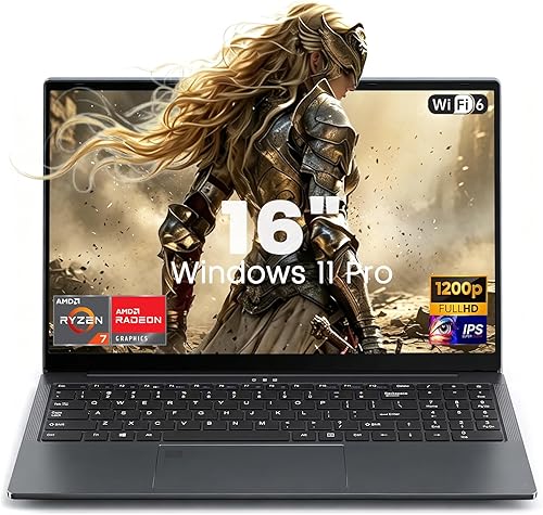 Ordenador Portátil 16 Pulgadas, Ryzen 7 4800H CPU, Win11 Pro PC Portátil 8GB RAM 256GB SSD, Clavier Rétroéclairé, 1200P FHD Pantalla Laptop, (WIFI6+BT5.0+HDMI+3*USB3.0+2*Type-C+5000mah Battery)