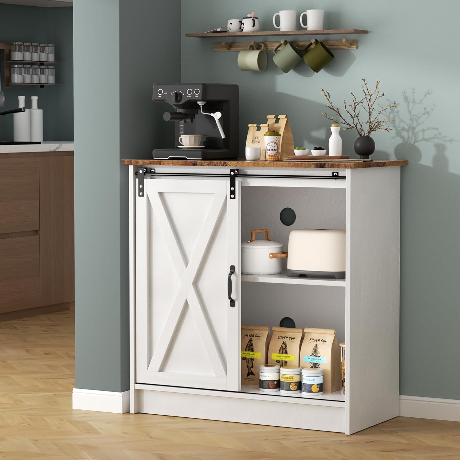 Farmhouse Coffee Bar Cabinet, Coffee Bar Table with Sliding Barn Door, Suitable for Kitchen, Dining Room and Living Room