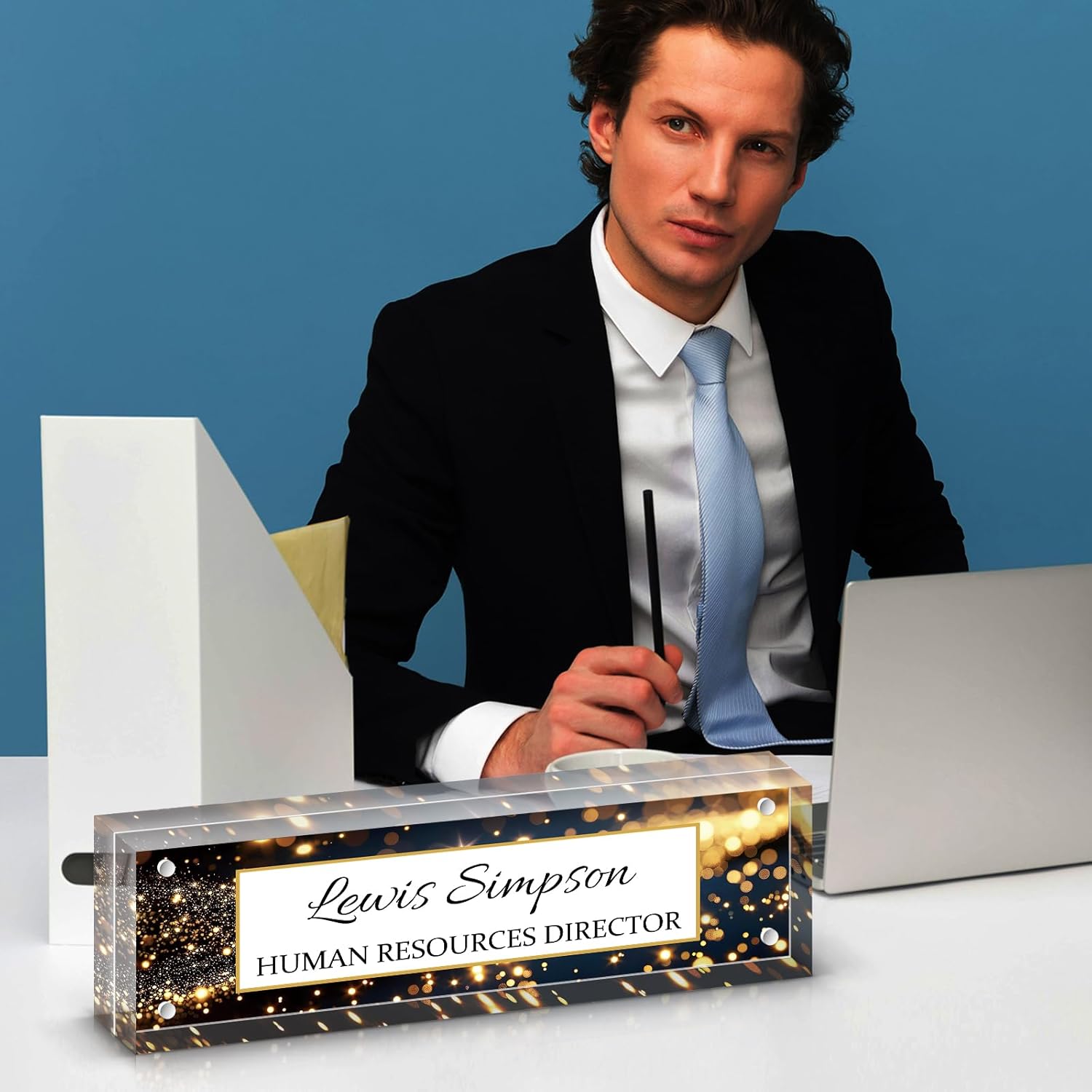 Desk Name Plate Personalized, Desk Double sided pattern Name Plate Personalized Office Desk Decor for Women and Men, Teacher Nurse Boss Employee Appreciation Gifts (starry sky, gift box)