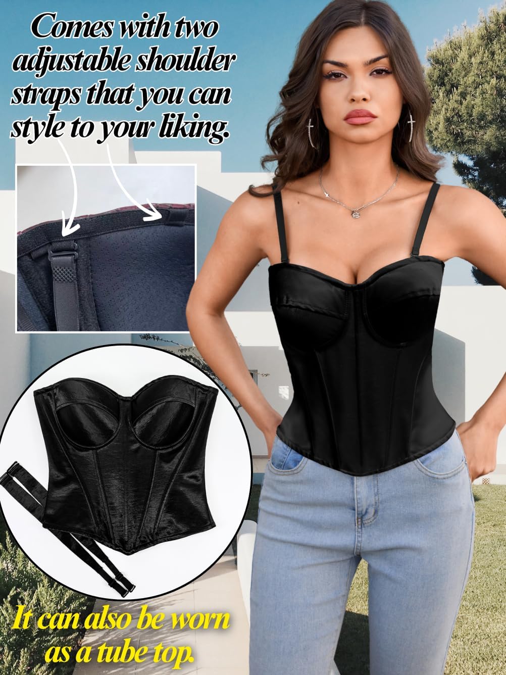 ChiaoLezhee Womens Sexy Corset with 2 Straps (Wide & Thin), Boned Underwire Zipper, Overbust Bustier Rave Tube Top Size 00-10