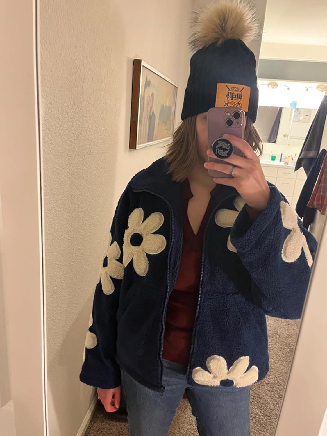 HOULENGS Women's Floral Print Sherpa Fleece Jackets Casual Long Sleeve Zipper Cropped Coat Winter Outwear with Pockets - Image 6