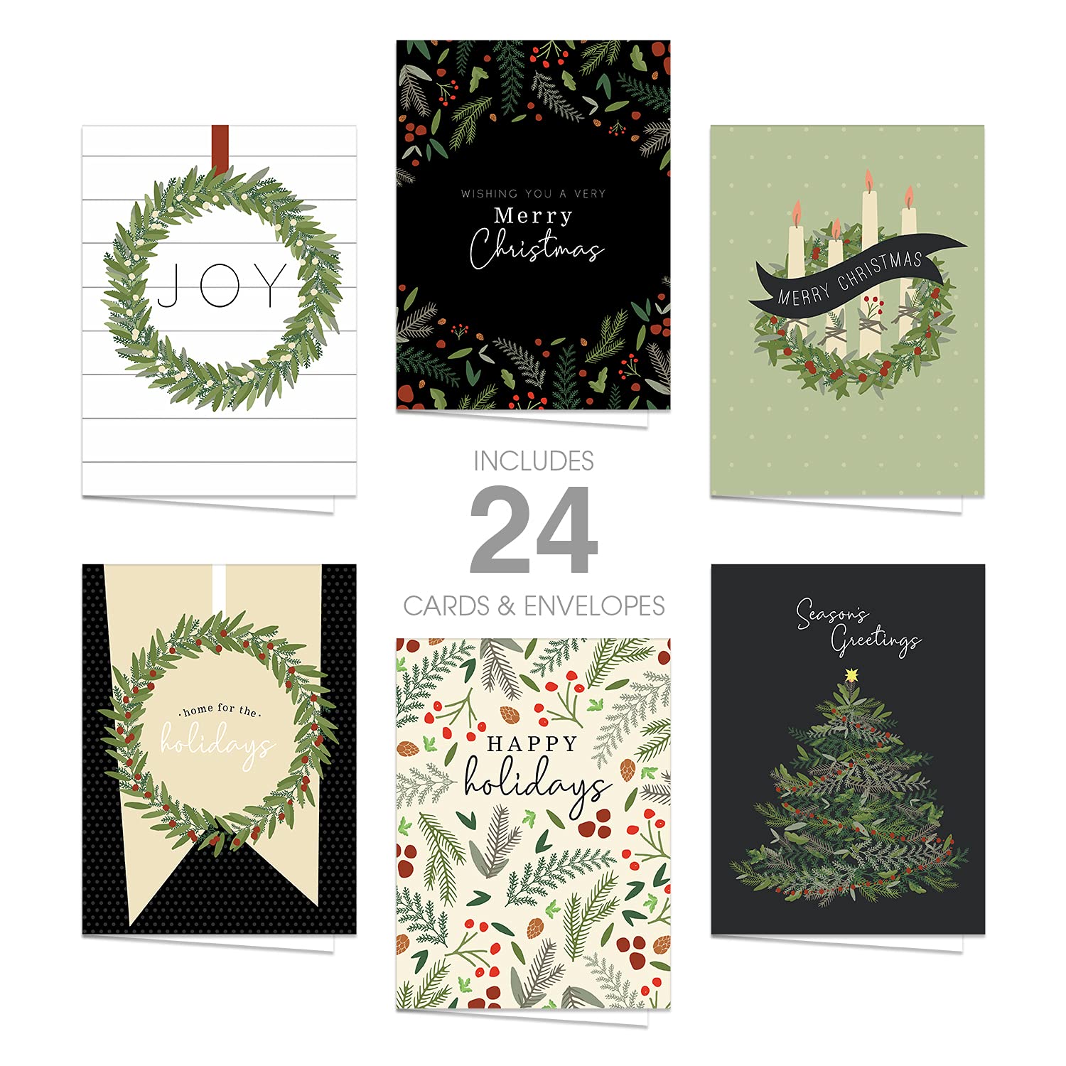 amazon-com-farmhouse-style-holiday-card-pack-24-modern-magnolia-wreath-christmas-note-cards-with-white-envelopes-6-illustrated-holiday-designs-4-5-8-x-6-1-4-seasonal-greeting-cards-office-products