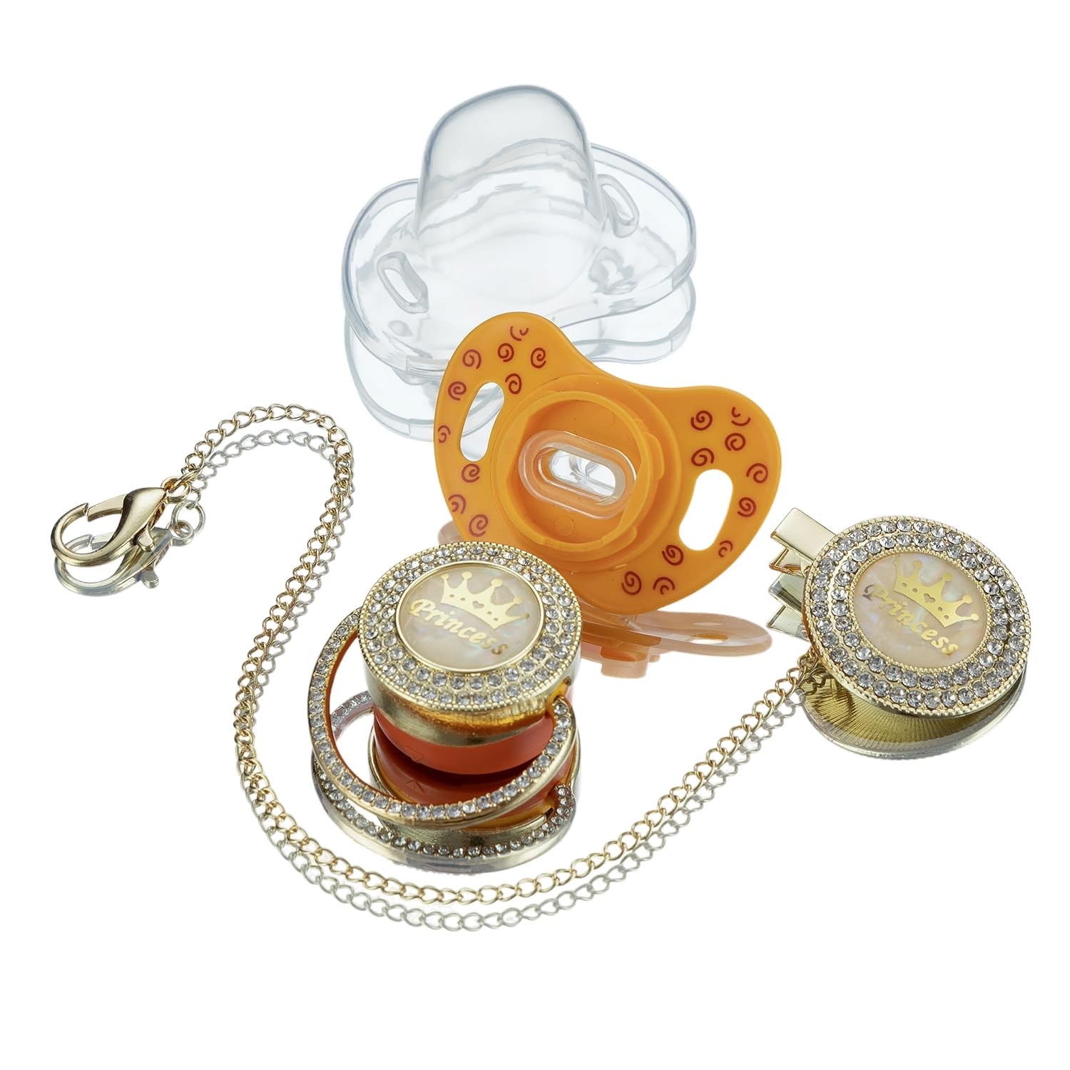 Bling Handle Custom Metallic Red Detachable Pacifier Bring 3 Replacement Teat Include All Size for Boy Girl Baby Shower