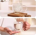 CNGLASS 12oz Tasses à café en verre double paroi, Tasses en verre isotherme avec poignée, Taches expresso claire pour Latte,Cappuccino,Tea Bag,Let de 4