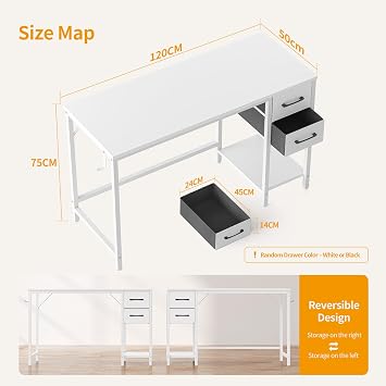Cubiker Computer Desk with 2 Drawers, 120 x 50 cm Reversible Office Desk, Modern Gaming Desk for Study, Bedroom, Living Room, White