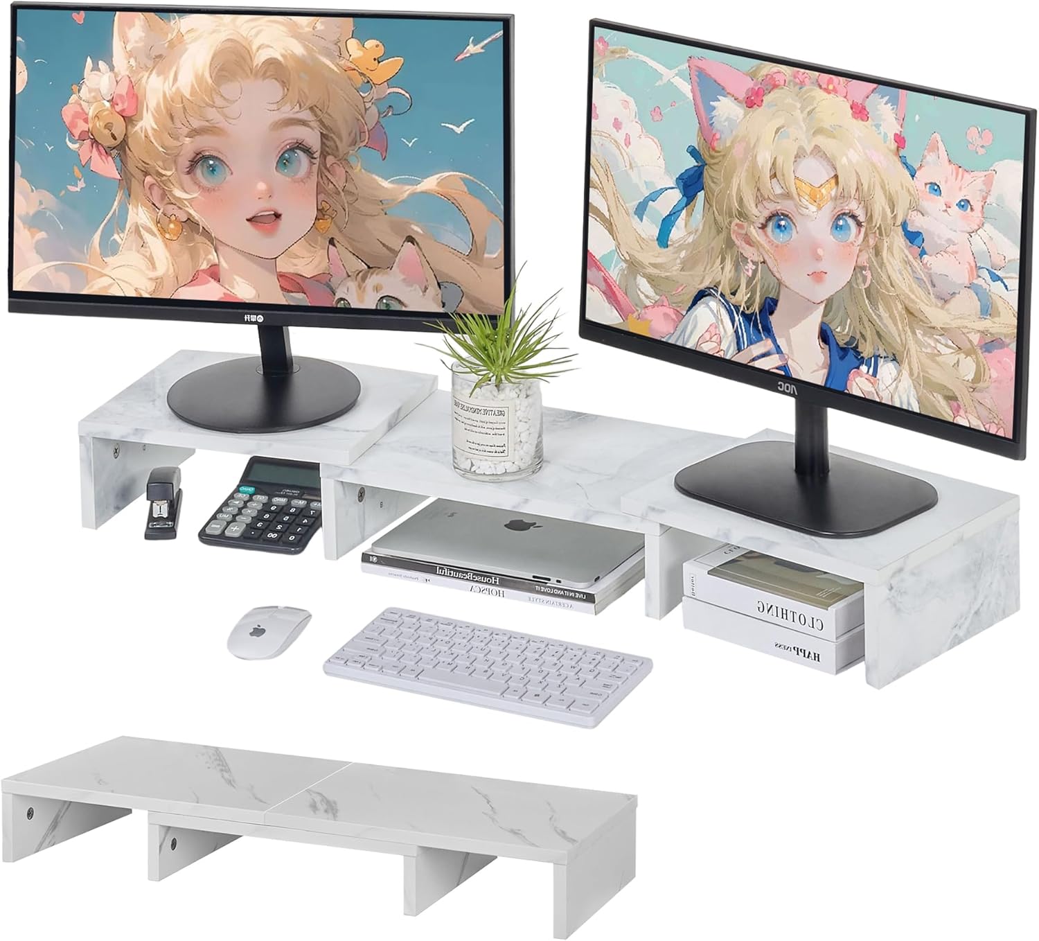 VECELO Desktop Monitor Stand, 3-Section Structure, Width 35.4 - 23.6 inches (90 - 60 cm), Adjustable, 27.6 inches (70 cm), Computer Stand, Desktop Storage, Stationery Storage, Computer Rack, Raising