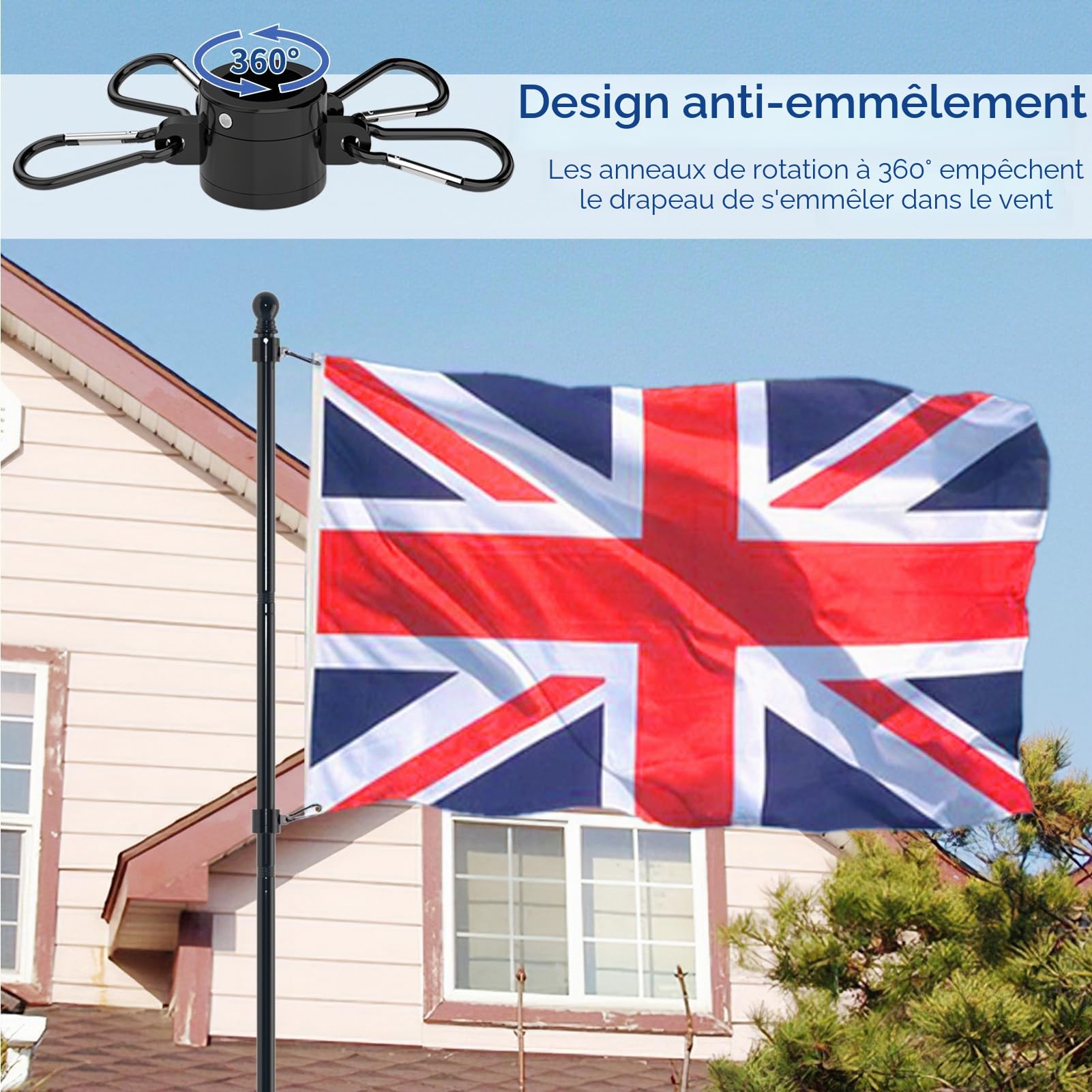 ZMTECH Mât de drapeau de 3 m pour jardin, mât robuste de 300 cm avec support à 5 griffes, kit de mât de drapeau extra épais pour extérieur (noir, sans drapeau)