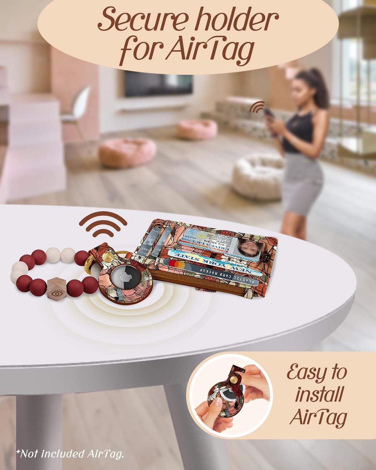 Wallet Keychain Wristlet for Women with AirTag Holder - Cute Design Credit Card Holder Wallets Key Chain Ring Slim Small RFID Air Tag Coin Pocket Purse for Ladies Teen Girls,Mogu Flower - Image 2