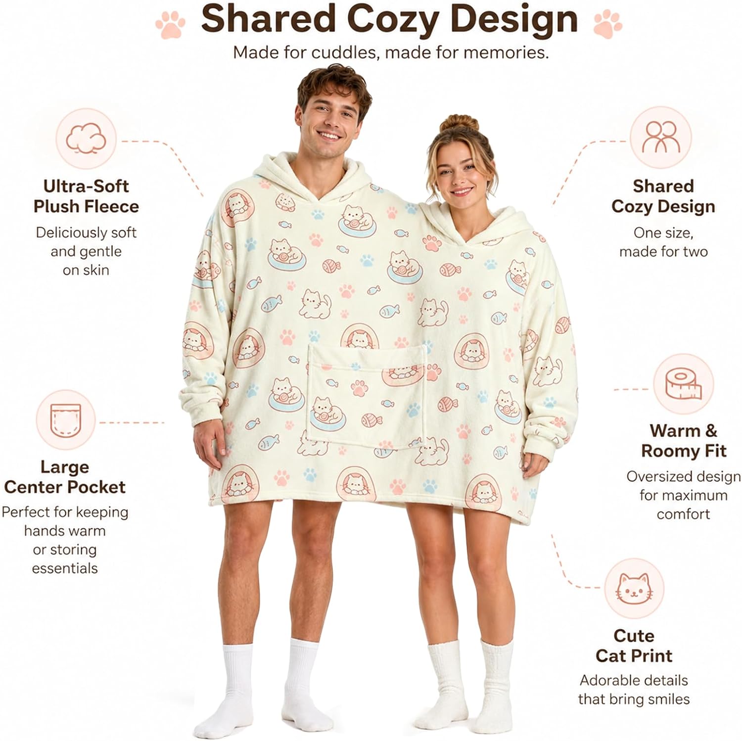 Two Person Couples Hoodies Pajamas Matching Couple Onesies Funny Twosie Flannel Blanket Sweatshirt with Pocket for Adult White