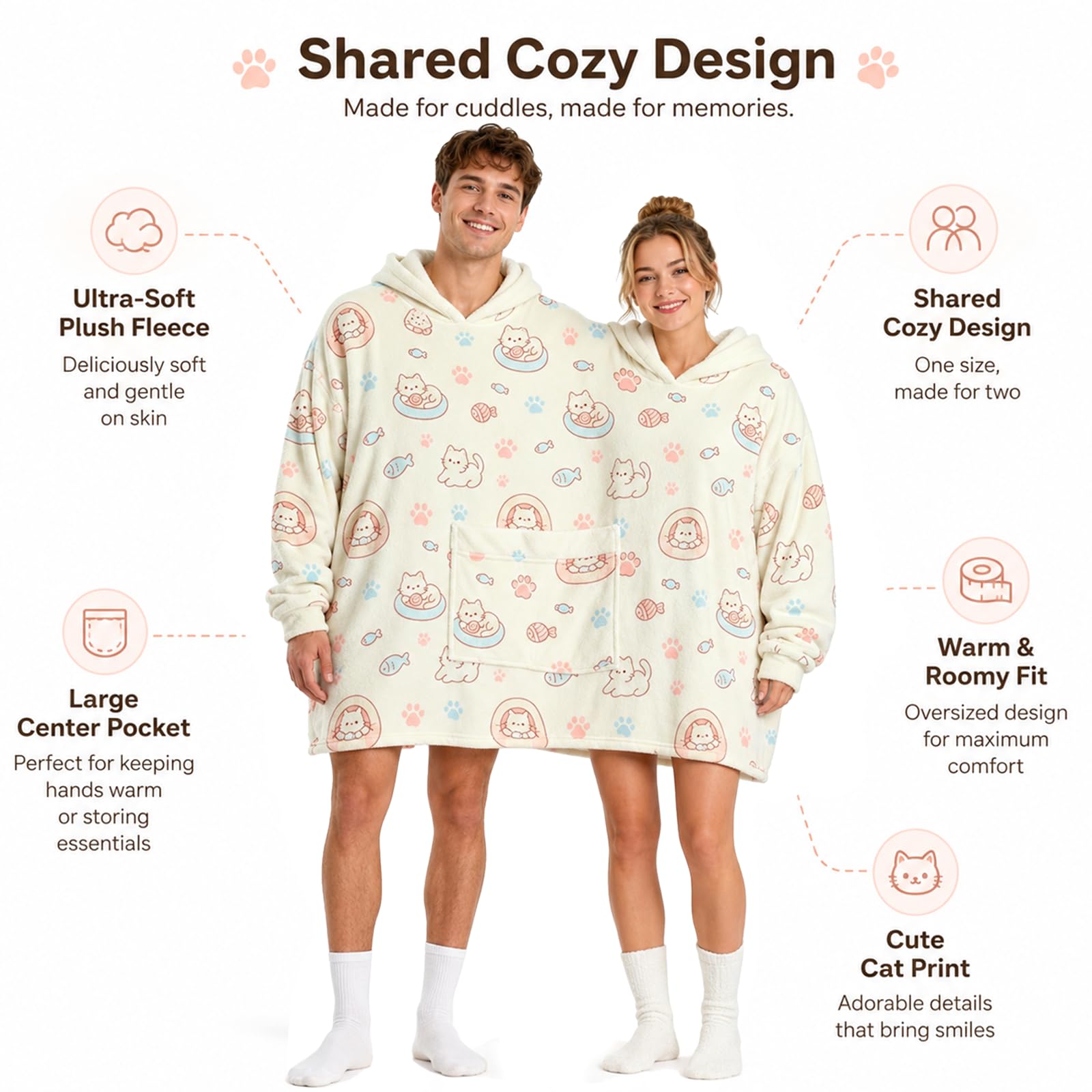 Partner Hoodie Pyjama Set für Paare Oversize Matching Sweatshirts Doppelkapuze Kuschelige Flanell Onesie Hausanzug Geschenk für Sie & Ihn
