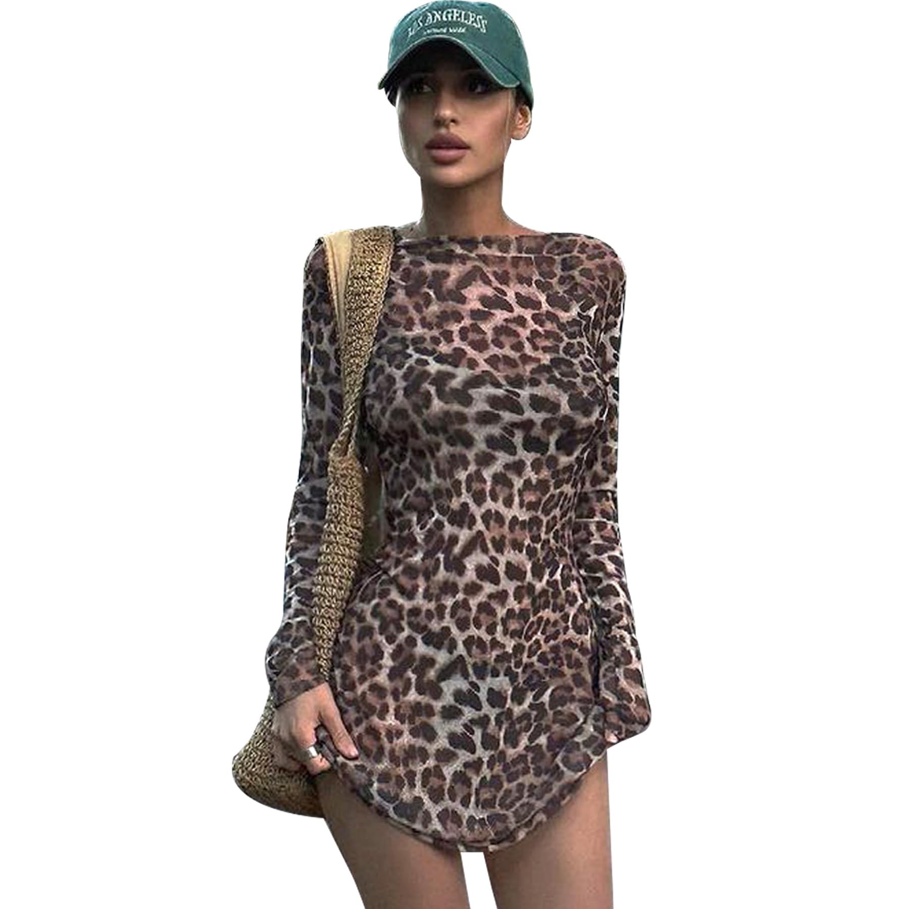 Robes Clubbing femmeAOWVUTS Robe Femme Sexy à Manches Longues Mini Robes Motif Léopard Robe Courte Moulante Col Rond Chic