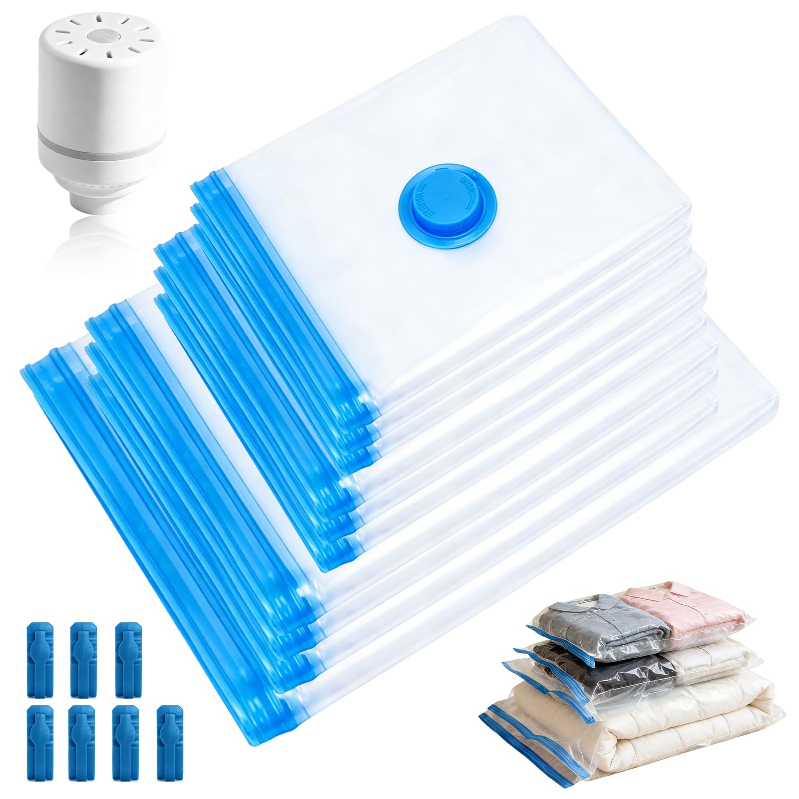 Sacchetti Sottovuoto Vestiti con Pompa Elettrica, 10 Pezzi (1XL 100 x 80 cm, 3L 80 x 60 cm, 3M 70 x 50 cm, 3S 60 x 40 cm), Riutilizzabili, Sacchi Sottovuoto Vestiti per Viaggi, Cuscini, Trapunte