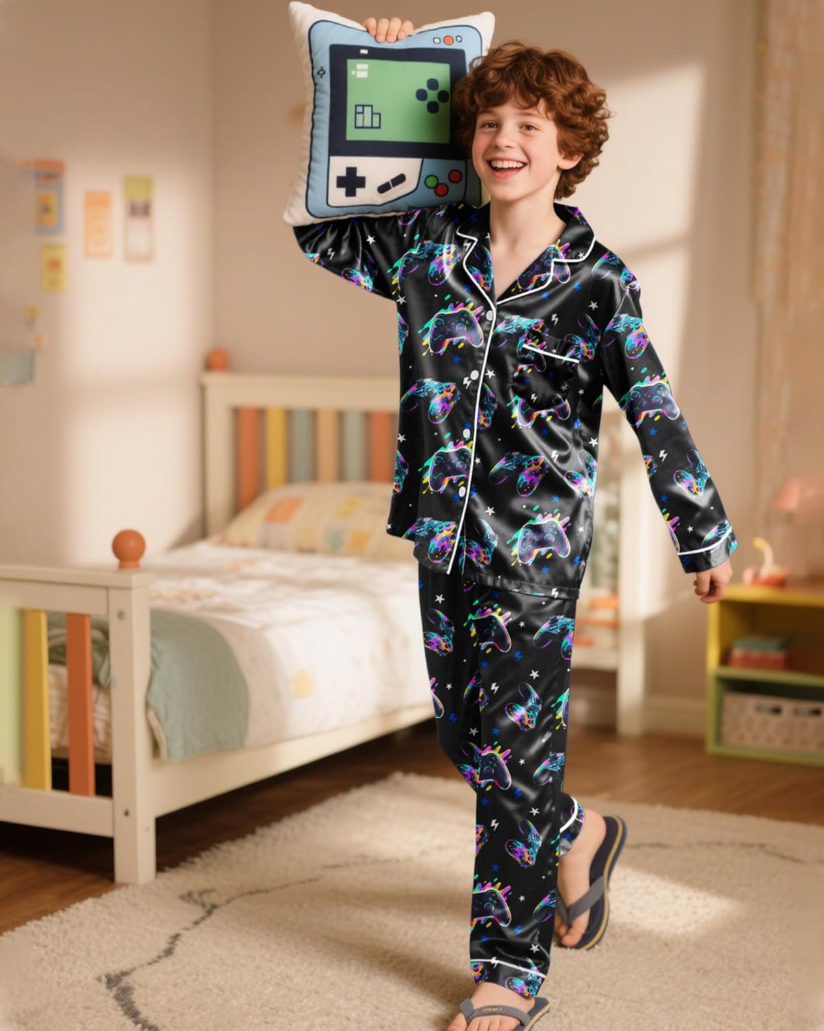Boys Pajamas Big Boys Silky Pajamas Gamer Satin Long Sleeve and Pants Button Down 2 Piece Pjs Sleepwear Set Size 8-14 - Image 6