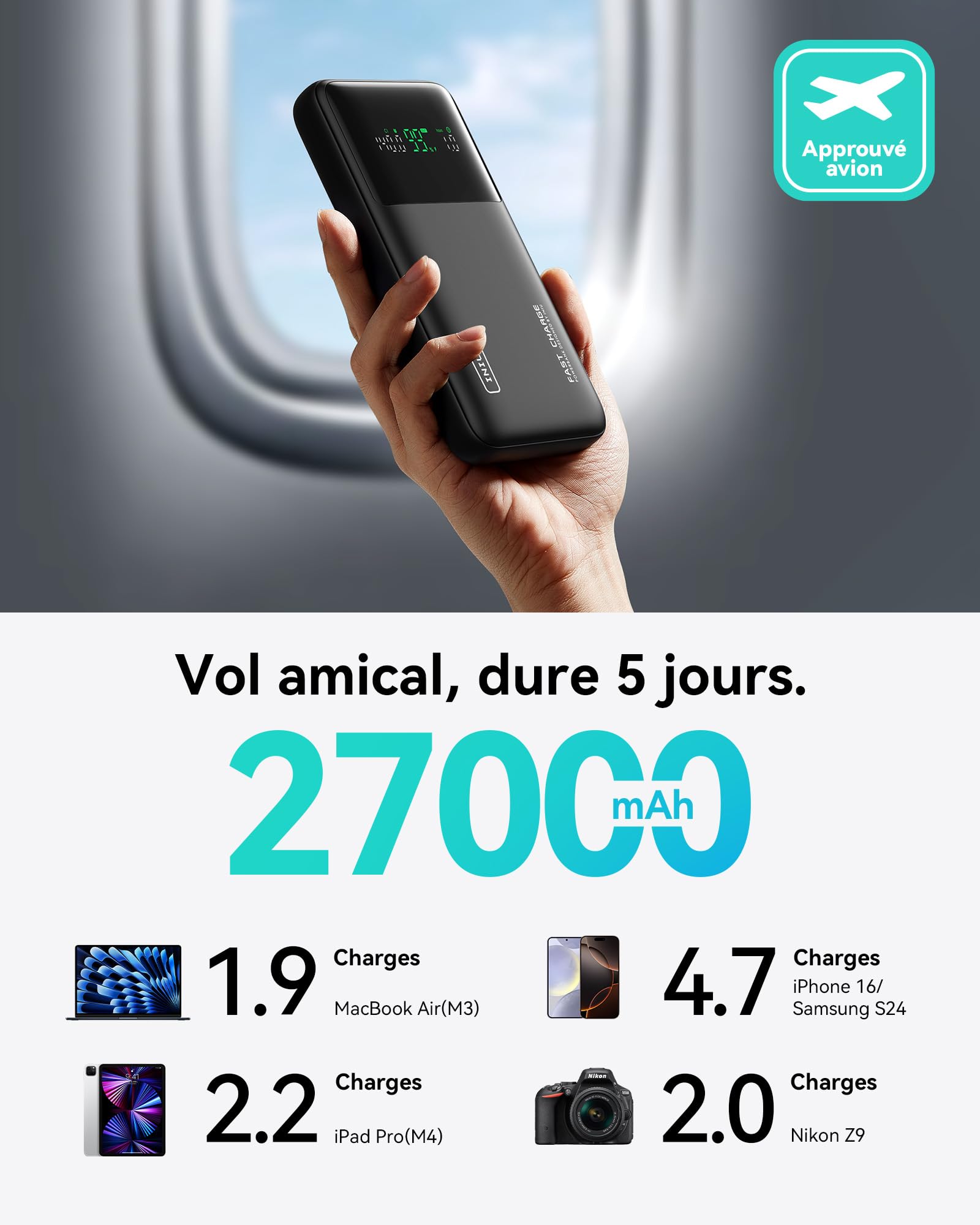 INIU Batterie Externe 27000mAh 140W, Power Bank Portable avec Câble USB C et Écran Digital, 3 Ports Charge Rapide Batterie Portable pour Laptop MacBook iPhone Steam Deck iPad iPhone Samsung