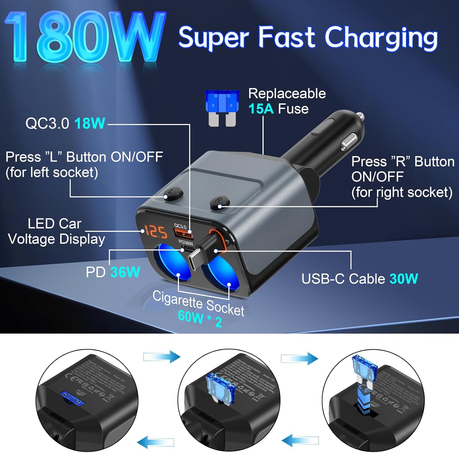 Retractable Car Charger, 180W 2-Socket Cigarette Lighter Splitter QC 3.0 and PD36W and Retractable PD 30W Lightning Cable with Separate Switch LED Voltmeter Replaceable 15A Fuse for GPS/Dash Cam/Phone