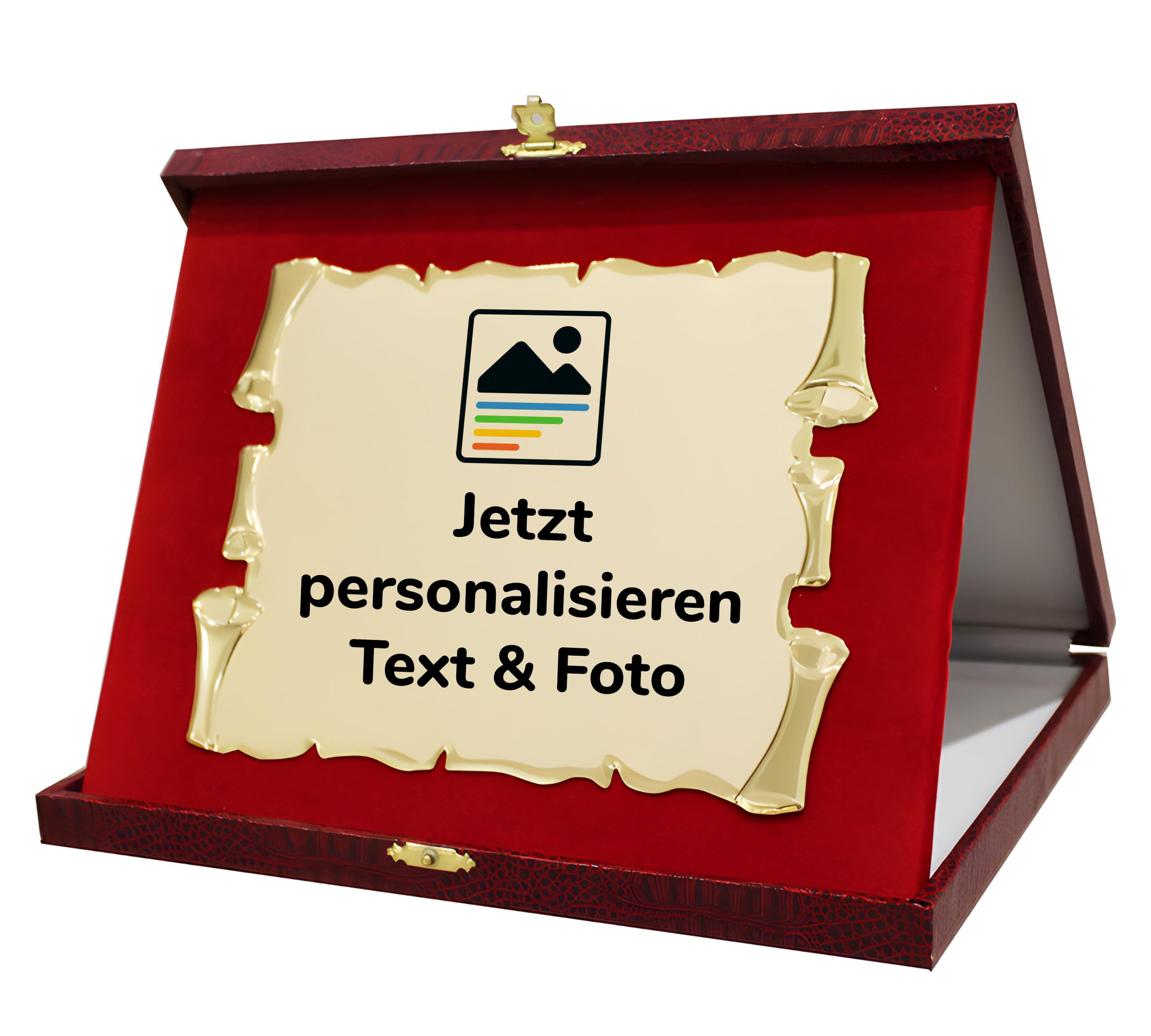 Personalisierbare Gedenktafel mit Text & Foto | Gold-Aluminium | Geschenkbox Bordeaux | Für Ruhestand, Abschluss, Hochzeit, Jubiläum, Ehrung | 20x15 cm