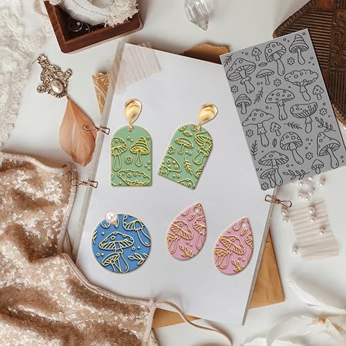 Miniatura 5 de CHGCRAFT 4 hojas de textura de arcilla polimérica con textura de hongo, vida marina, mariposa, dragón, almohadilla de sellos de arcilla para aretes
