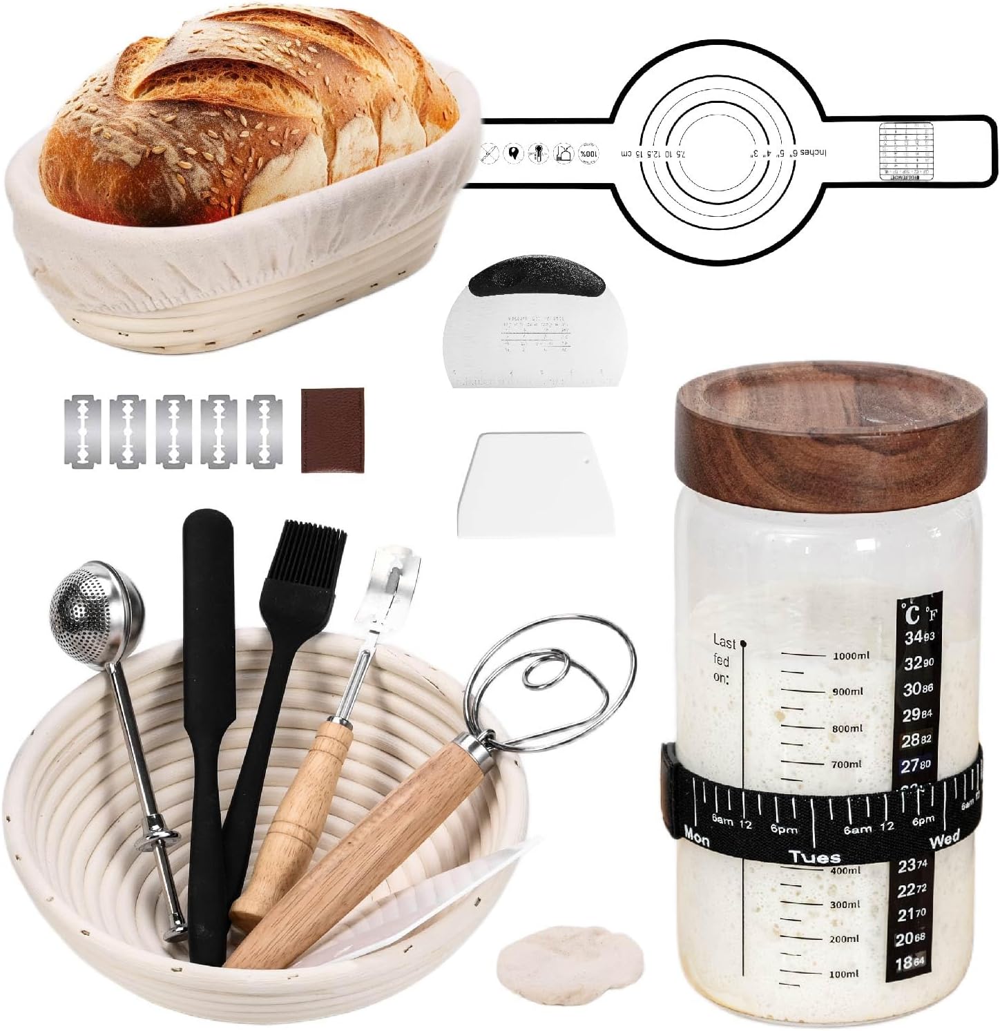 Sourdough Bread Baking Supplies and Starter Kit,40oz Sourdough Starter Jar with sealed Lid,2 Banneton Bread Proofing Baskets (9”Round & 10”Oval),Complete Sourdough Bread Baking Supplies Sourdough Bread Baking Supplies and Starter Kit,40oz Sourdough Starter Jar with sealed Lid,2 Banneton Bread Proofing Baskets (9”Round & 10”Oval),Complete Sourdough Bread Baking Supplies