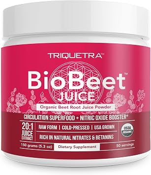 مسحوق عصير جذر البنجر BioBeet Max Strength 201 مركّز، كل حصة مشتقة من 60000 مجم من البنجر العضوي - معصور على البارد، أكسيد النيتريك المزروع في الولايات المتحدة الأمريكية، يدعم الدورة الدموية 50 حصة