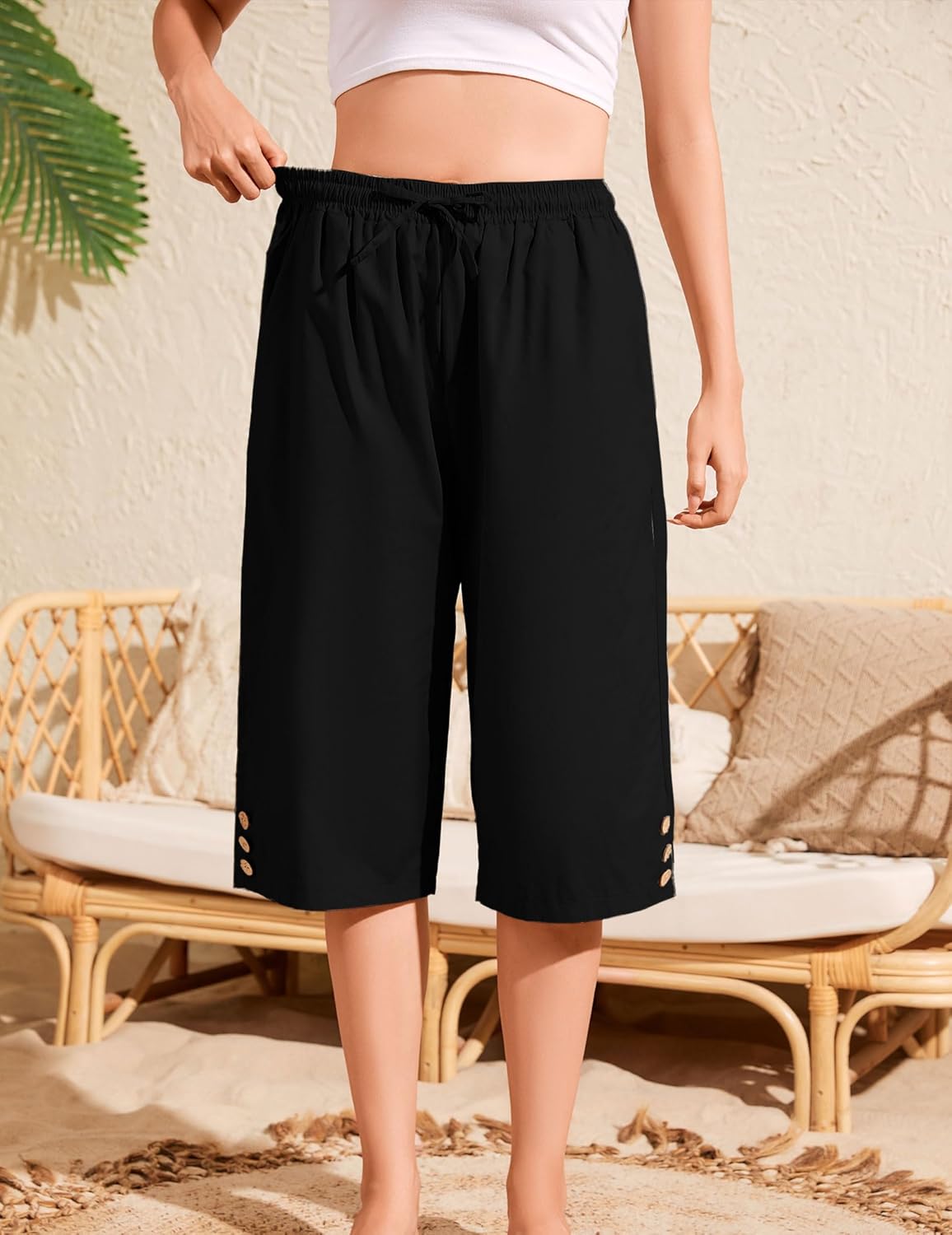 Schine Women Cozy Capris Lightweight High Waist Elastic Drawstring Pants with Pockets Loose Button Trim Cropped Trousers - Image 3