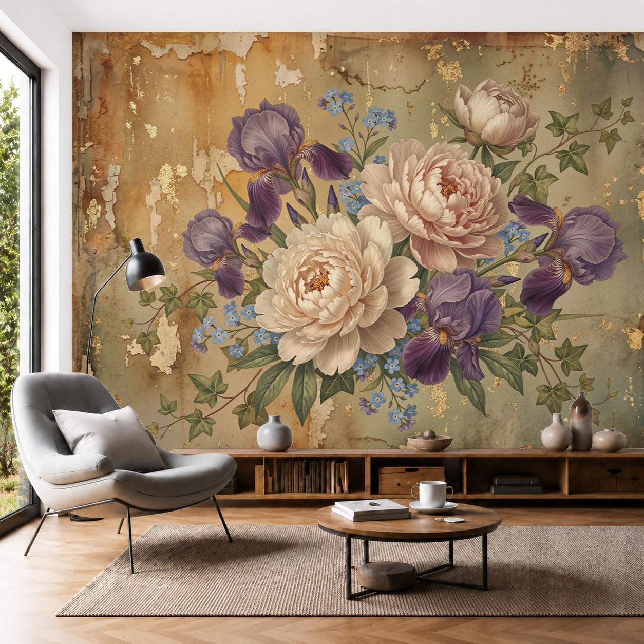 Carta Da Parati Floreale retrò, Moda XXL Design Peonia Edera Fotomurali in Seta 250x175cm Moderna Decorazione da Parete per Camera da Letto Soggiorno Marrone