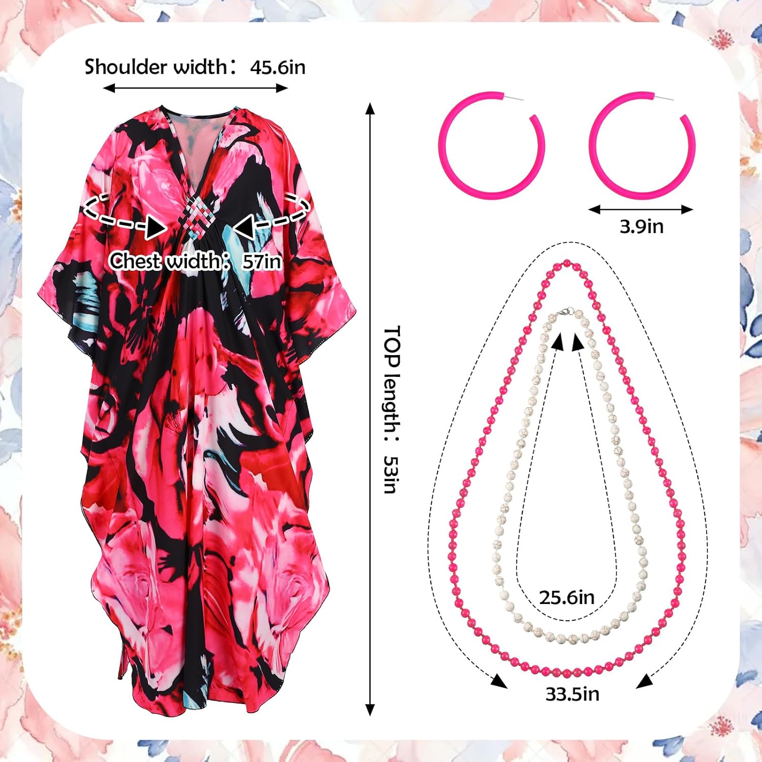 5 Pcs Halloween Women Landlady Costume Set with Print Caftan Dress Curly Wig Bead Necklace Earring for Cosplay Party - Image 2