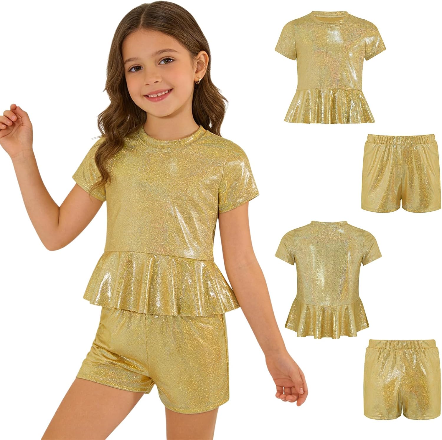 DINORMIN Girls Metallic Peplum Crop Tops with Shiny Shorts Rave Dance Outfits Cheer Outfit for Cheerleading Gold 7-8 Years
