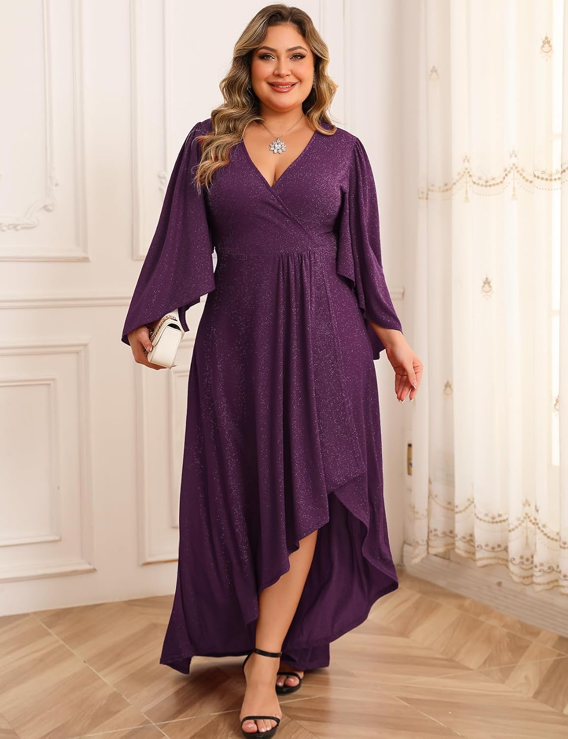 ZOMVA Plus Size 0X-4X Sparkly Glitter Formal Maxi A Line Dress Sparkle Wrap Handkerchief Sleeve Prom Cocktail Evening Gown