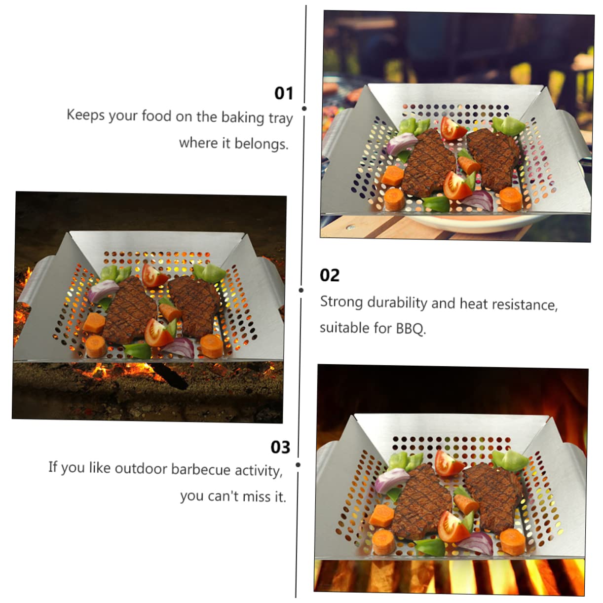 KONTONTY 1Pc Square Grill Plate Stainless Steel Baking Tray with Hollow Design Portable Grilling Basket for Vegetables Chicken Wings Steak and More