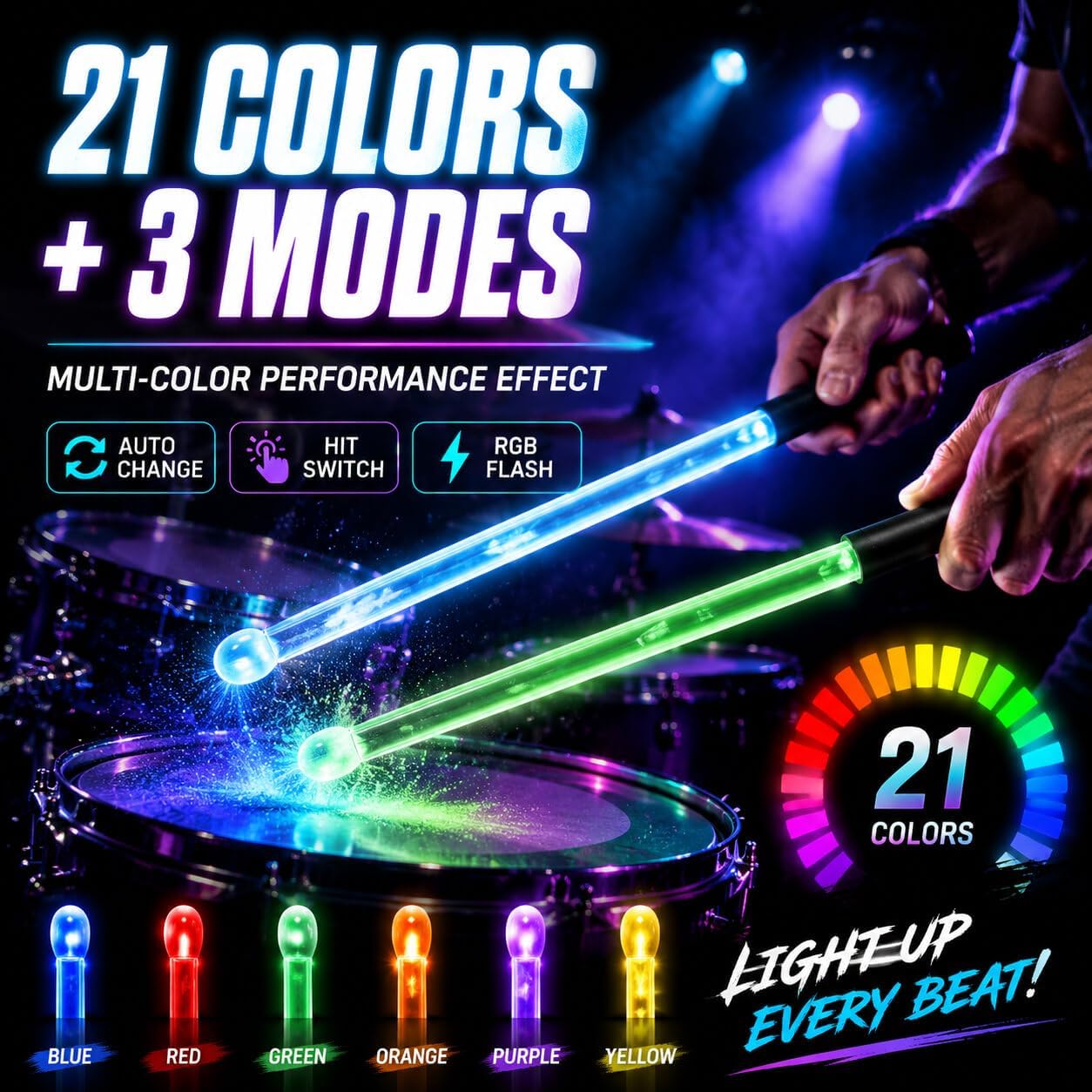 LED Light Up Drum Sticks with Comfort Grip, Glowing Drumsticks 1 Pair | 21 Colors & 3 Modes | 10s AAA Battery Swap | Cushioned Anti-Slip Grip | Durable Solid PC | Great Music Gift for All Ages