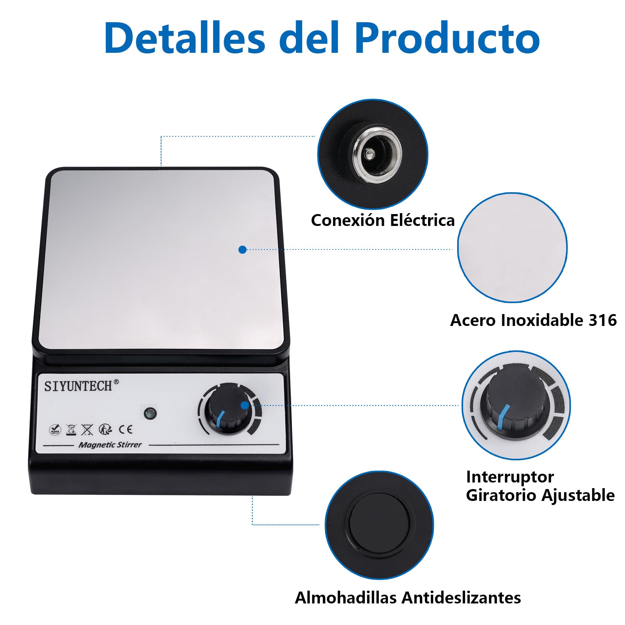 Agitador Magnético [2025], Con 4 Varillas Agitadoras Magnéticas & Reciclador de Varillas Agitadoras Magnéticas, Rango de Velocidad 0~3800 rpm, Capacidad Máxima de Mezcla 5000ml